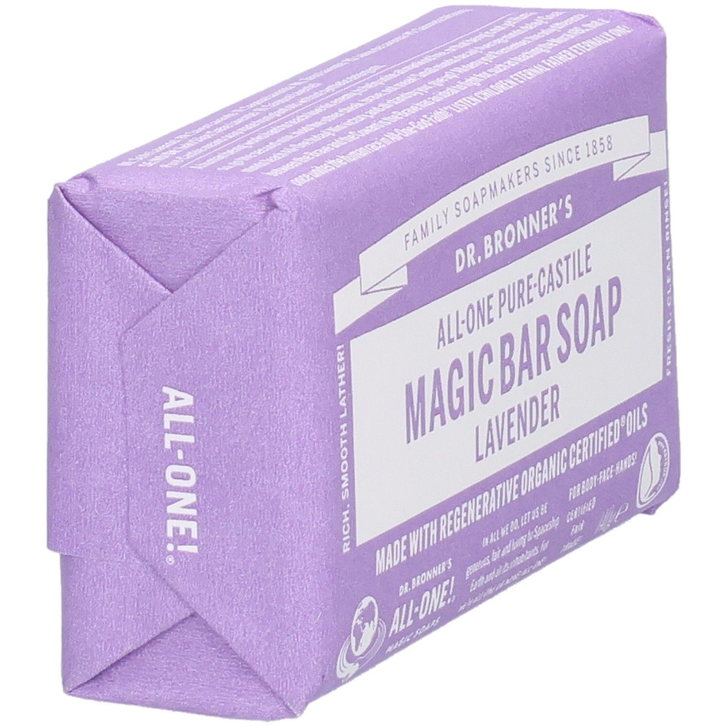 Lila Seife in Papierverpackung. Aufschrift: Dr. Bronner's Magic Bar Soap Lavender. Ansicht von der Seite.
