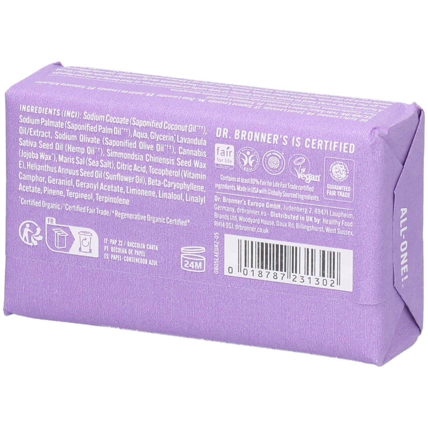 Rückseite der Seifenverpackung. Inhaltsstoffe, Zertifizierungen und Informationen von Dr. Bronner's.