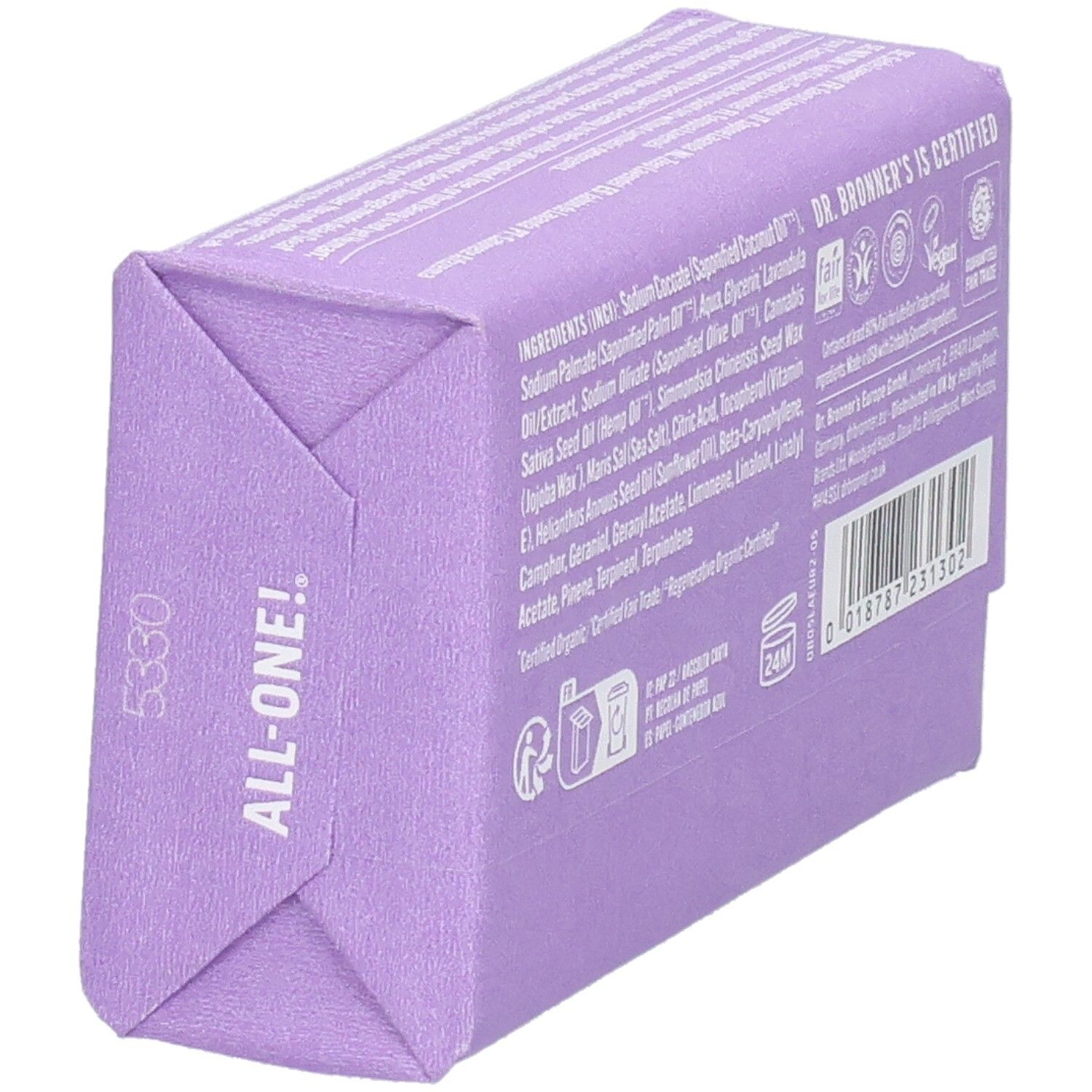Rückseite der Seifenverpackung. Inhaltsstoffe, Zertifizierungen und Informationen von Dr. Bronner's. Seitenansicht.