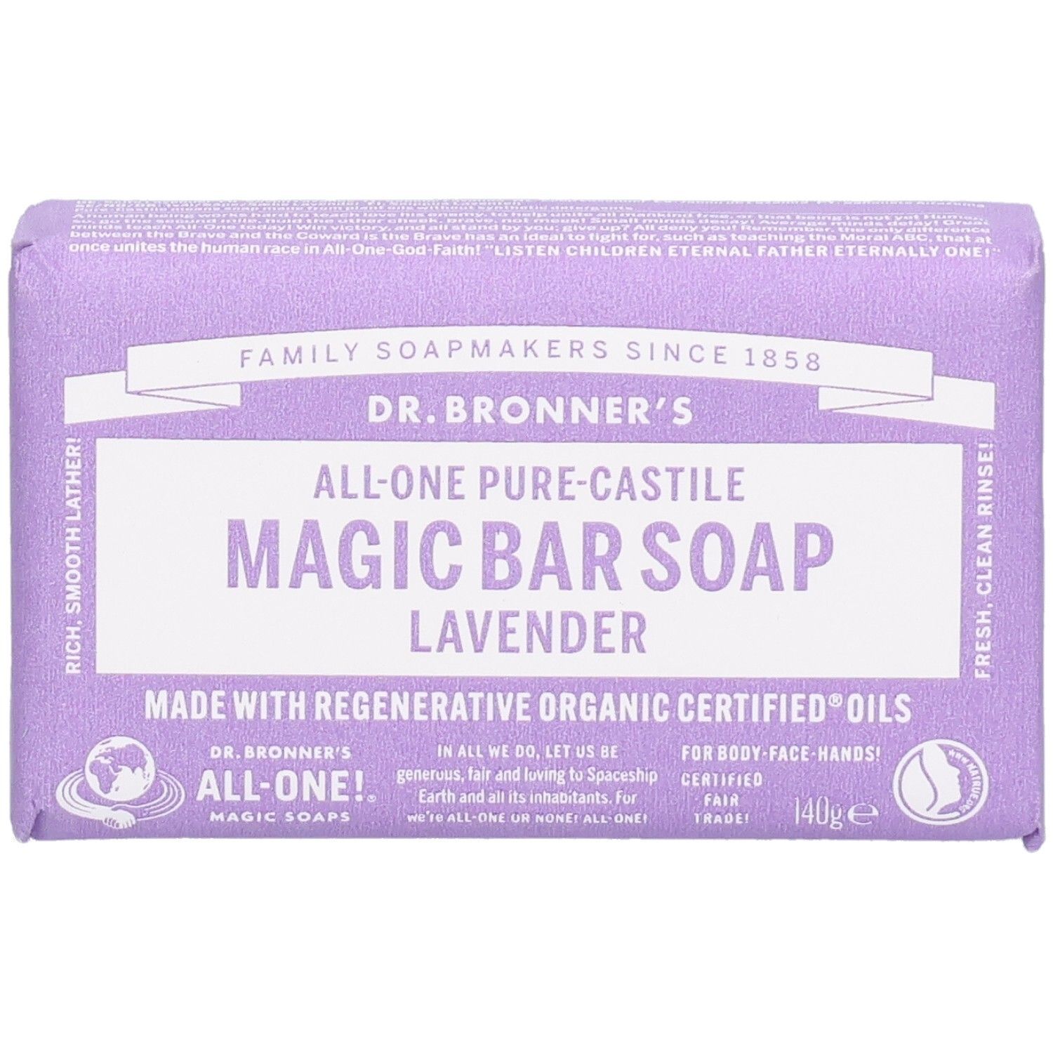 Lila Seife in Papierverpackung. Aufschrift: Dr. Bronner's Magic Bar Soap Lavender. Draufsicht.