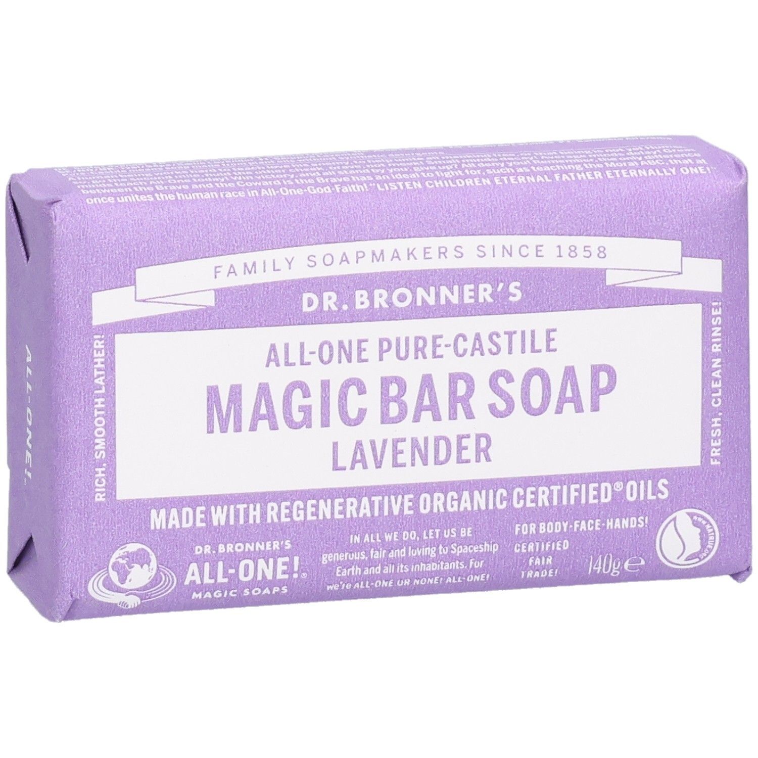 Lila Seife in Papierverpackung. Aufschrift: Dr. Bronner's Magic Bar Soap Lavender. Draufsicht.