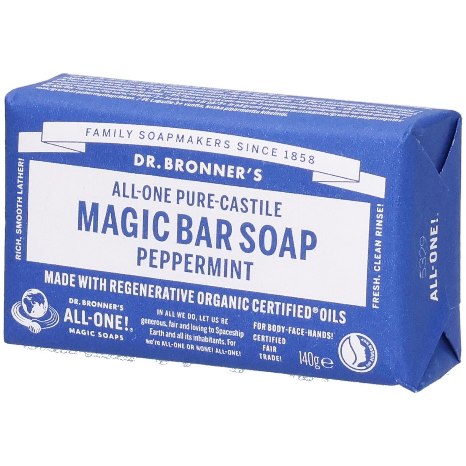 Blau verpackte Seife. Aufschrift: Dr. Bronner's Magic Bar Soap Peppermint. Mit Fair Trade Siegel und 140g.
