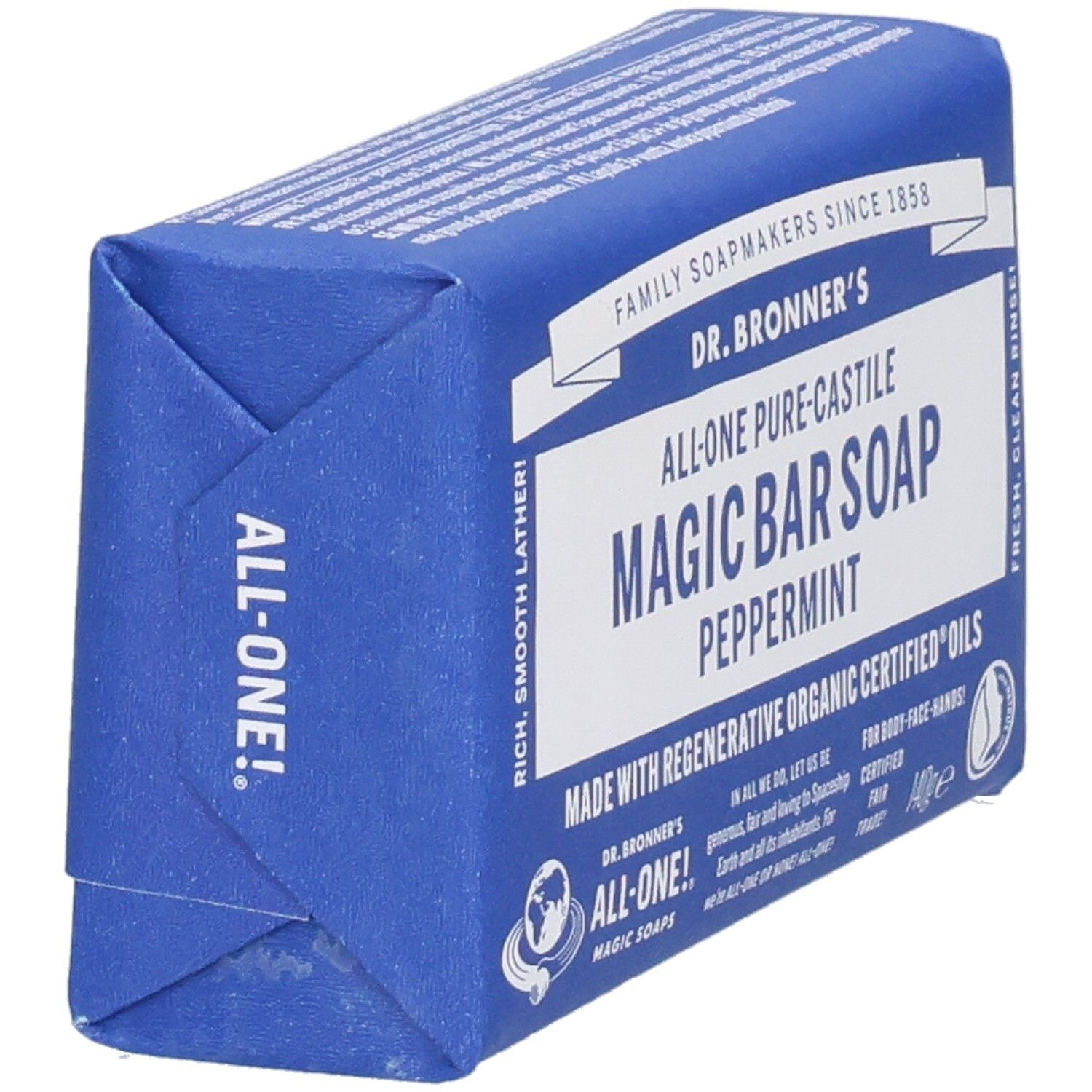 Blau verpackte Seife. Aufschrift: Dr. Bronner's Magic Bar Soap Peppermint. Ansicht von der Seite.