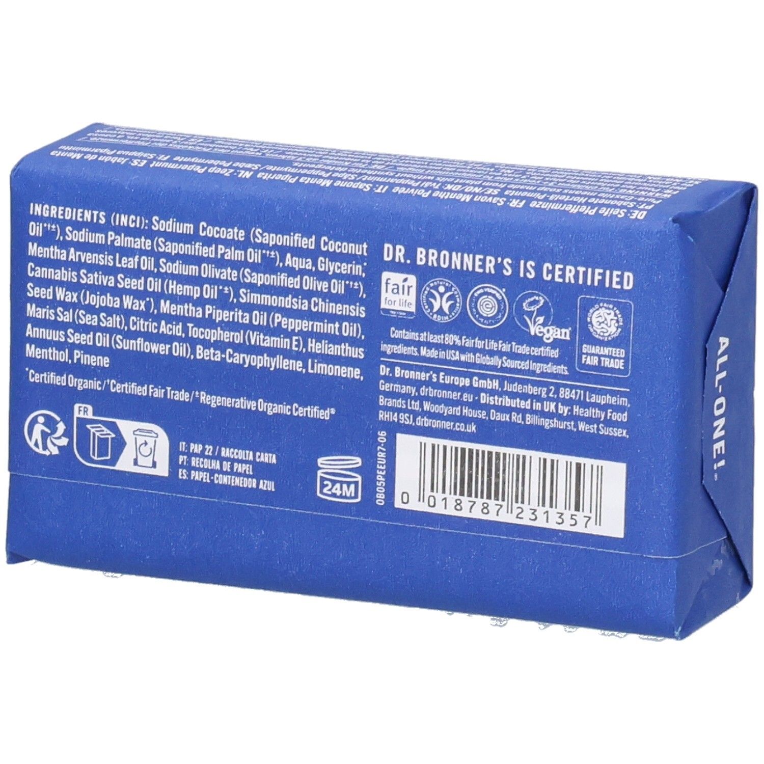 Rückseite der blau verpackten Seife. Zutatenliste und Zertifizierungen. Fair Trade Siegel und Vegan-Logo.