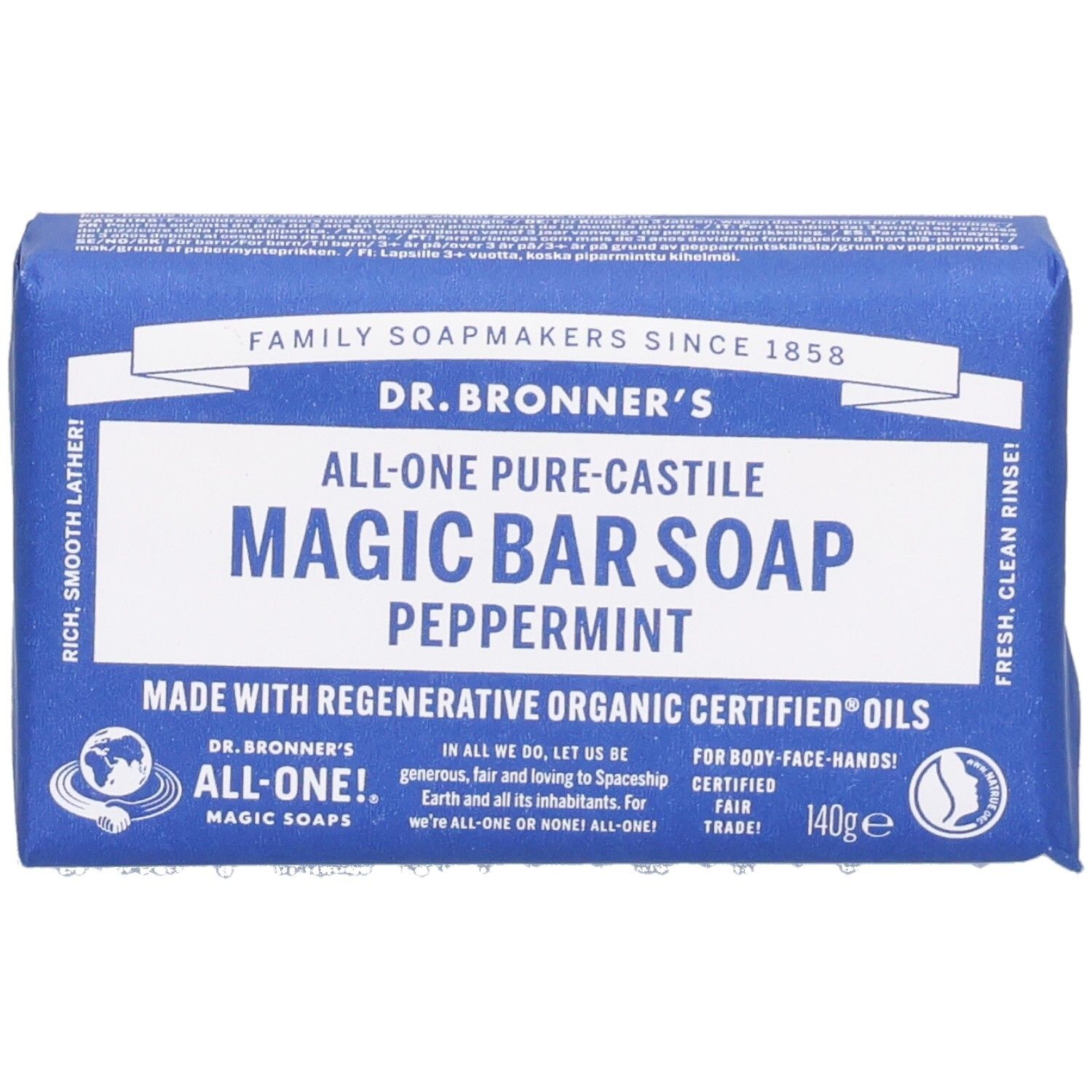 Blau verpackte Seife. Aufschrift: Dr. Bronner's Magic Bar Soap Peppermint. Mit Fair Trade Siegel und 140g.