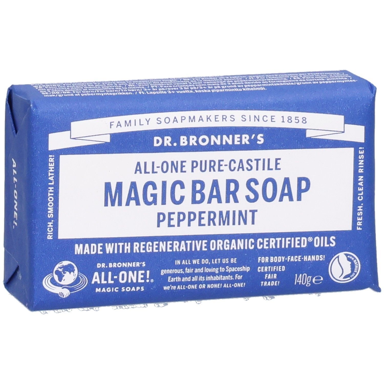 Blau verpackte Seife. Aufschrift: Dr. Bronner's Magic Bar Soap Peppermint. Mit Fair Trade Siegel und 140g.