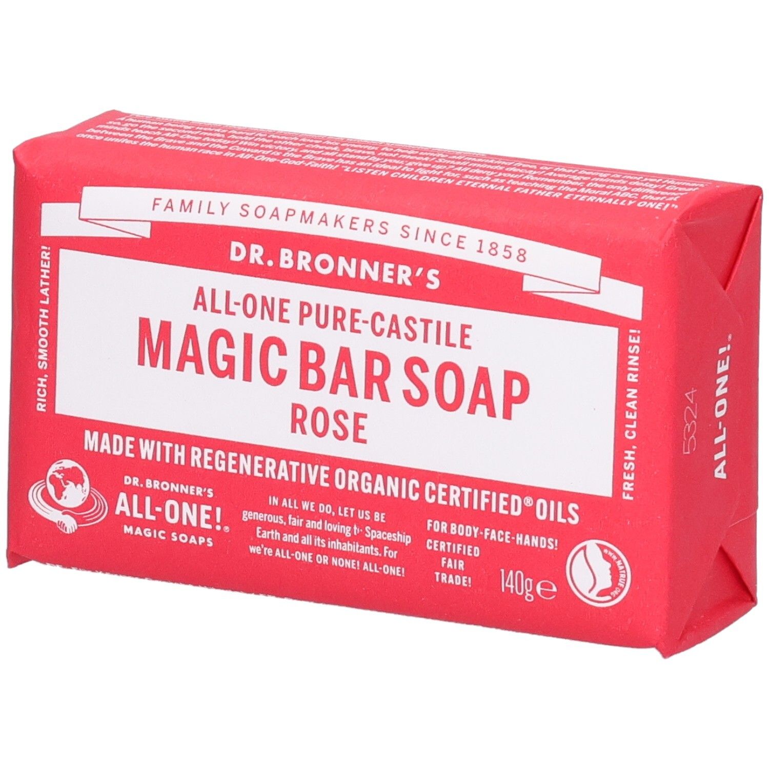 Rote Seife in Papierverpackung. Aufschrift: Dr. Bronner's Magic Bar Soap Rose. Mit Fair Trade Siegel.