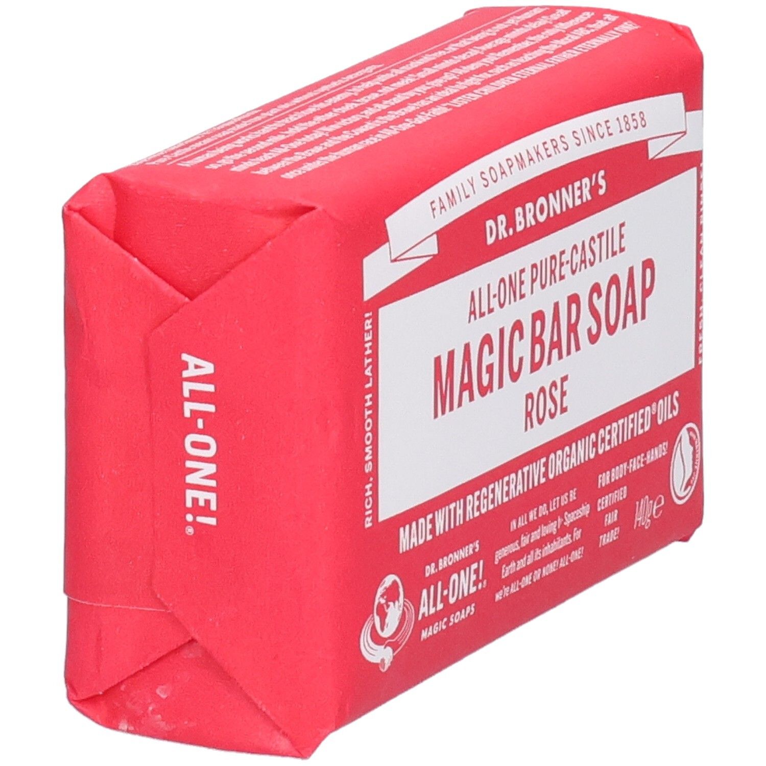 Rote Seife in Papierverpackung. Aufschrift: Dr. Bronner's Magic Bar Soap Rose. Ansicht von der Seite.