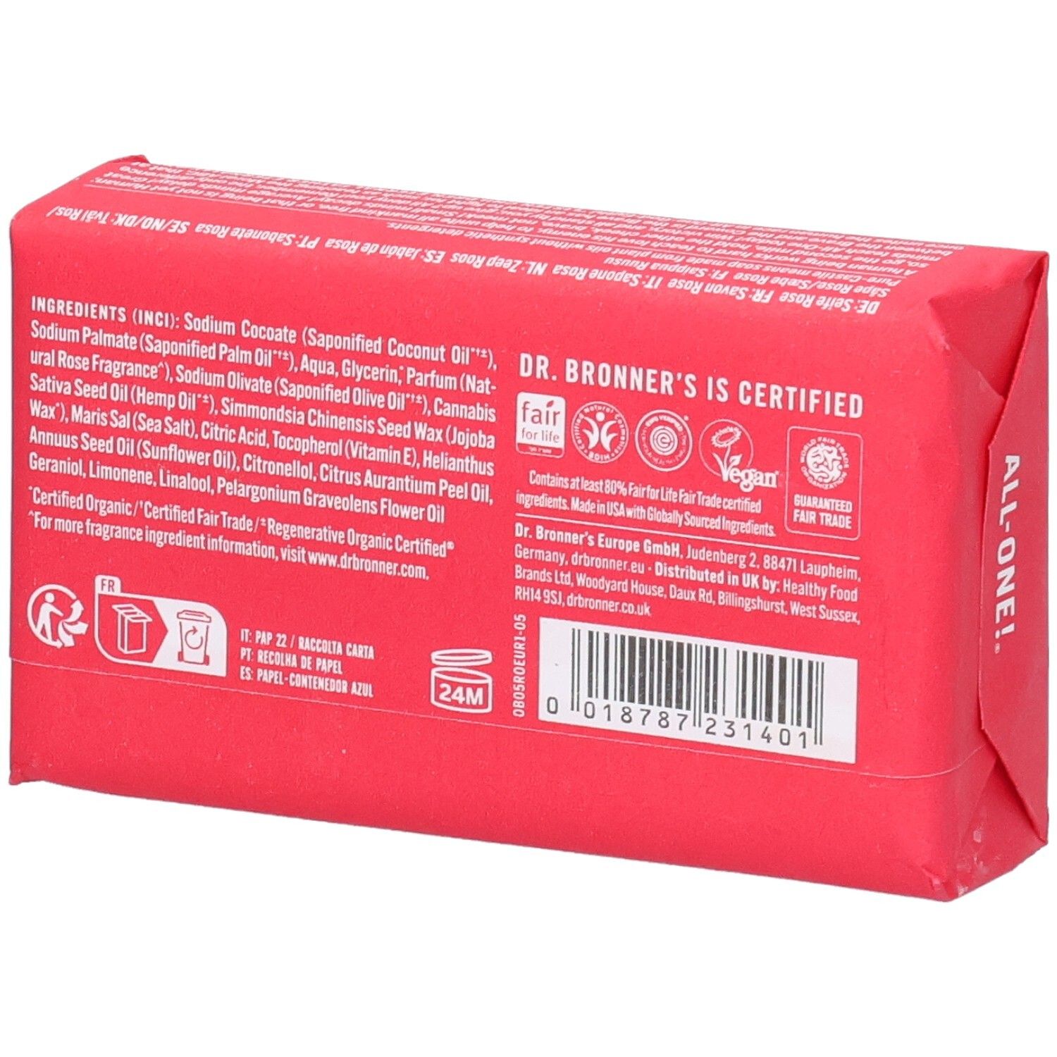 Rote Seife in Papierverpackung. Rückseite mit Inhaltsstoffen und Zertifizierungen. Fair Trade Siegel.