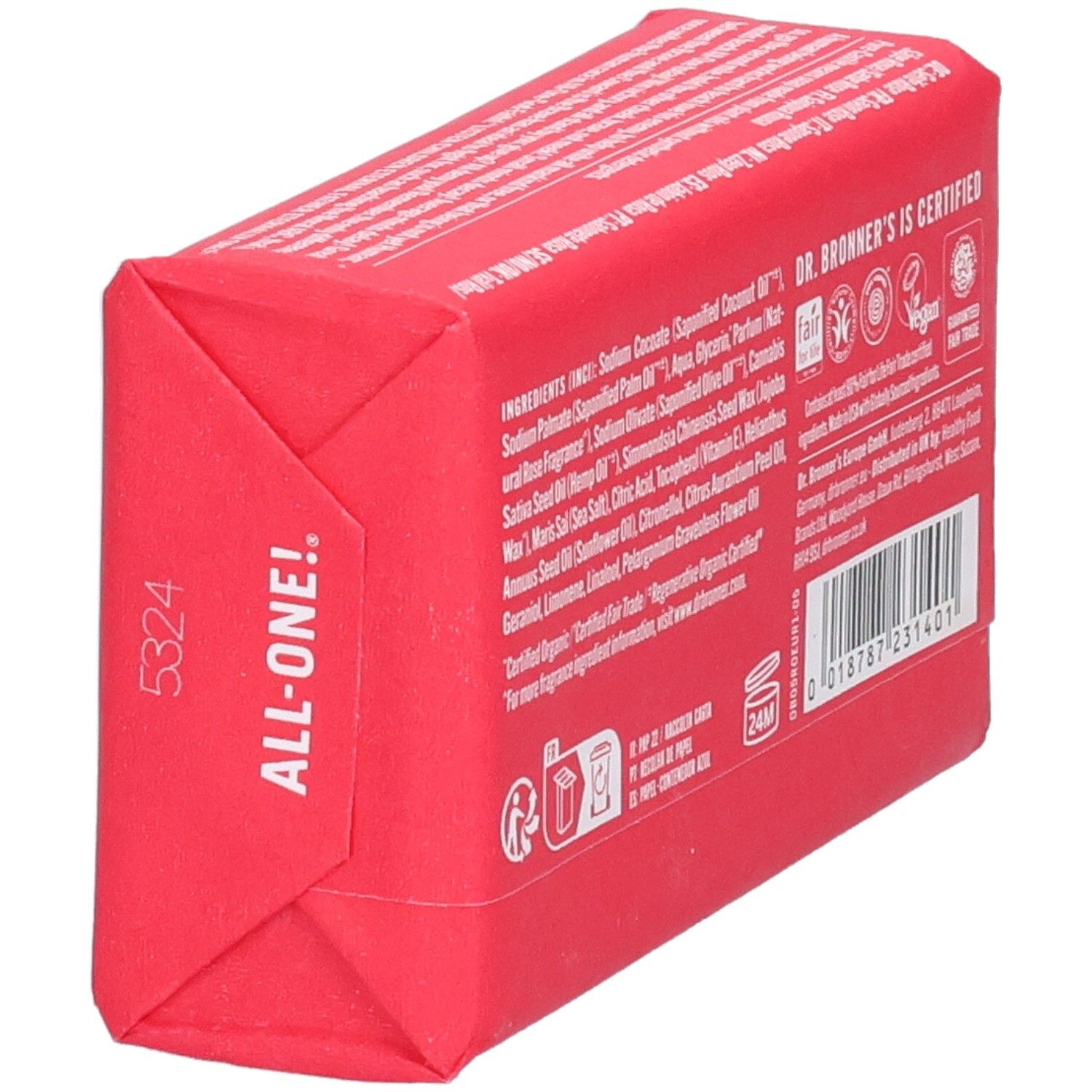 Rote Seife in Papierverpackung. Rückseite mit Inhaltsstoffen und Zertifizierungen. Ansicht von der Seite.