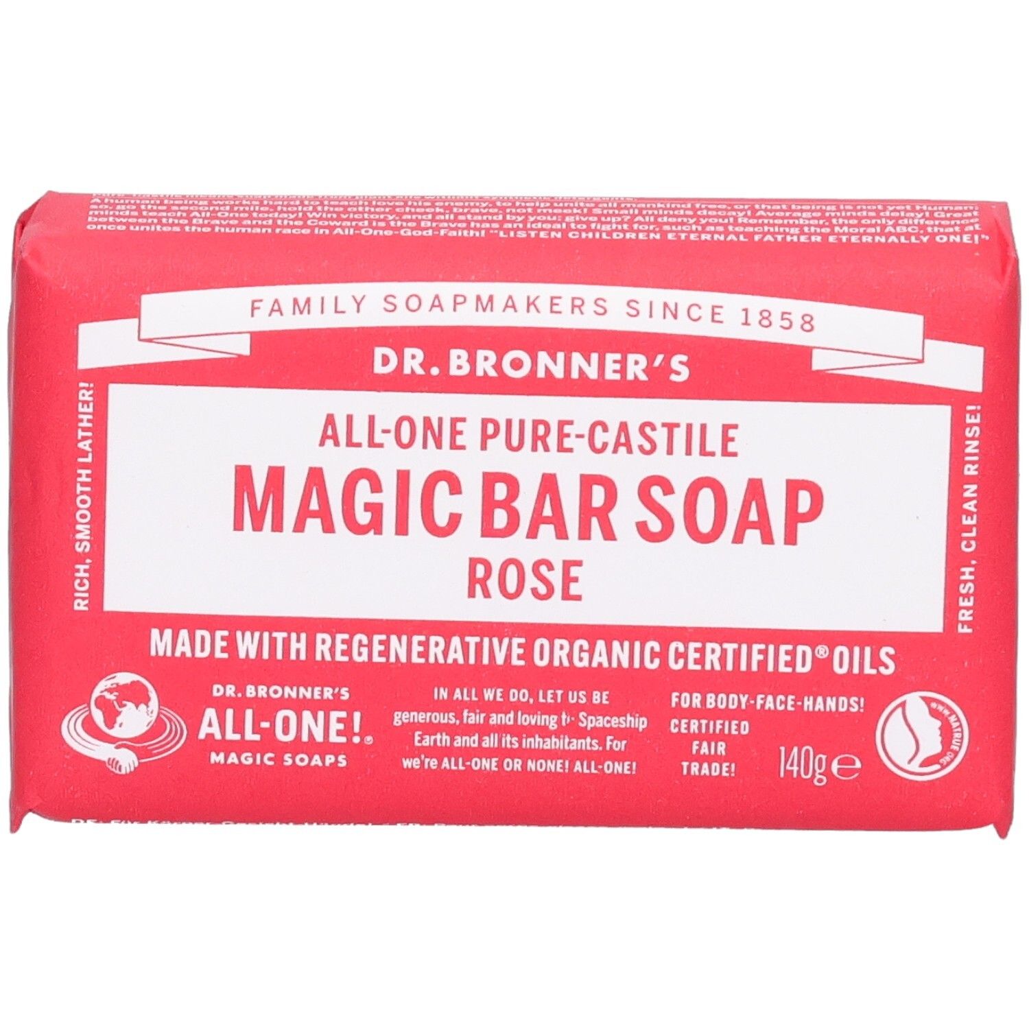 Rote Seife in Papierverpackung. Aufschrift: Dr. Bronner's Magic Bar Soap Rose. Fair Trade Siegel.
