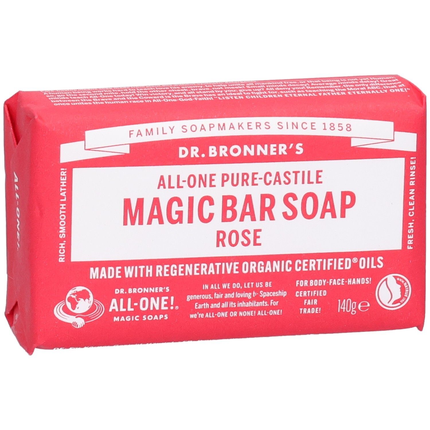 Rote Seife in Papierverpackung. Aufschrift: Dr. Bronner's Magic Bar Soap Rose. Fair Trade Siegel.
