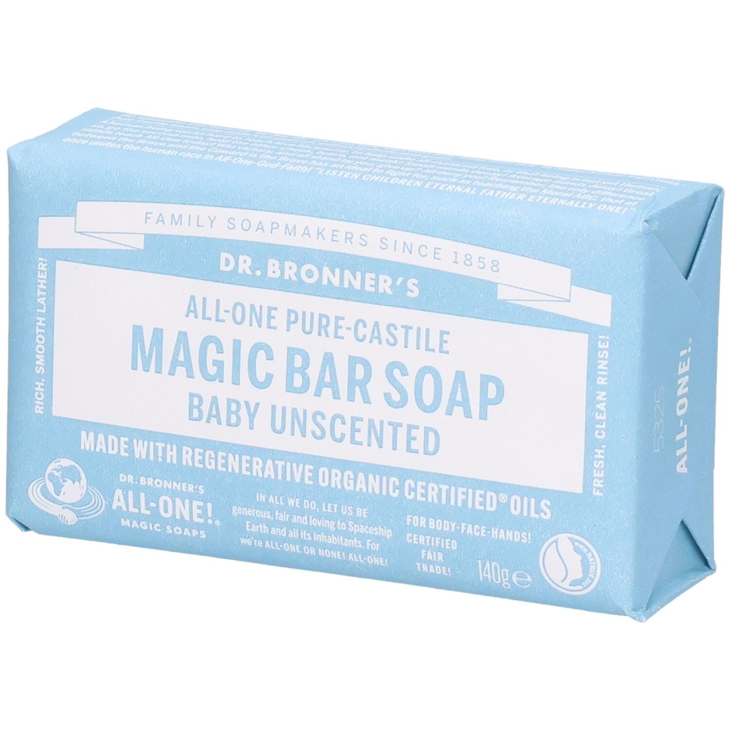 Hellblau verpackte Seife. Aufschrift: Dr. Bronner's Magic Bar Soap Baby Unscented. Mit Zertifizierungen.