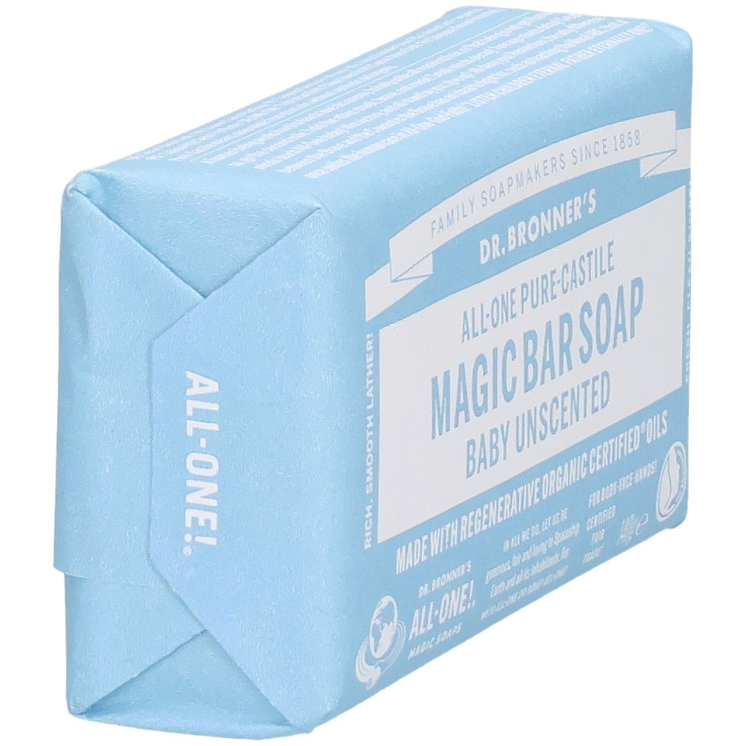Hellblau verpackte Seife. Aufschrift: Dr. Bronner's Magic Bar Soap Baby Unscented. Ansicht von der Seite.