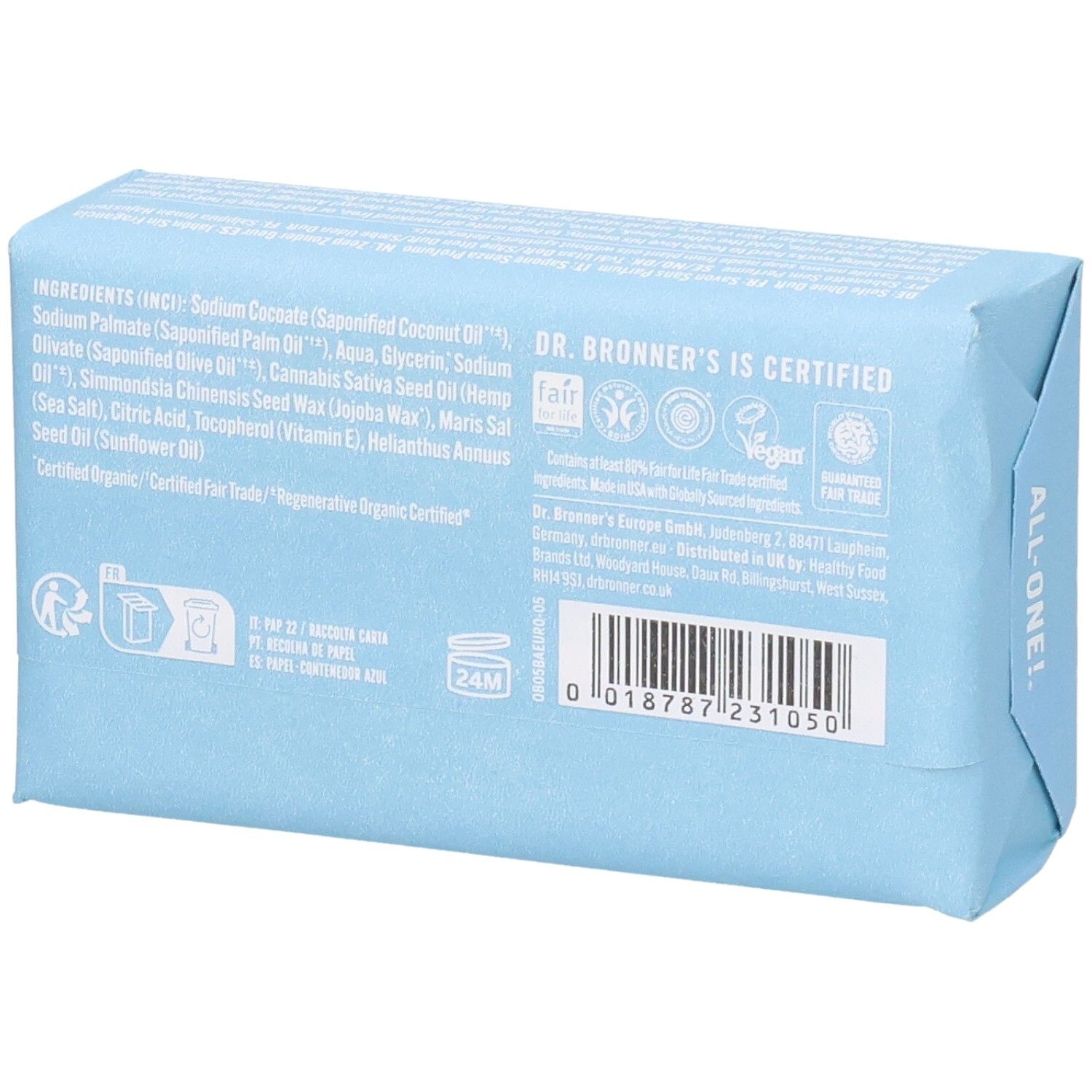 Rückseite der hellblau verpackten Seife. Zutatenliste und Zertifizierungen sind sichtbar. Barcode.
