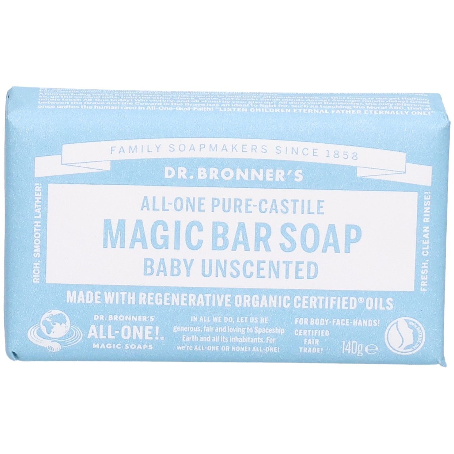 Hellblau verpackte Seife. Aufschrift: Dr. Bronner's Magic Bar Soap Baby Unscented. 140g. Zertifizierungen.