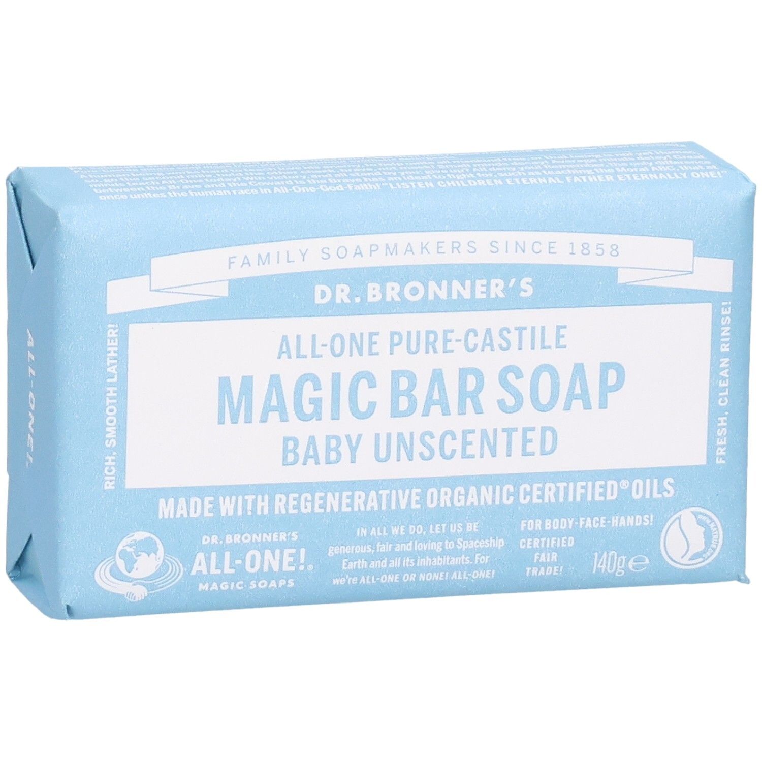Hellblau verpackte Seife. Aufschrift: Dr. Bronner's Magic Bar Soap Baby Unscented. 140g. Zertifizierungen.