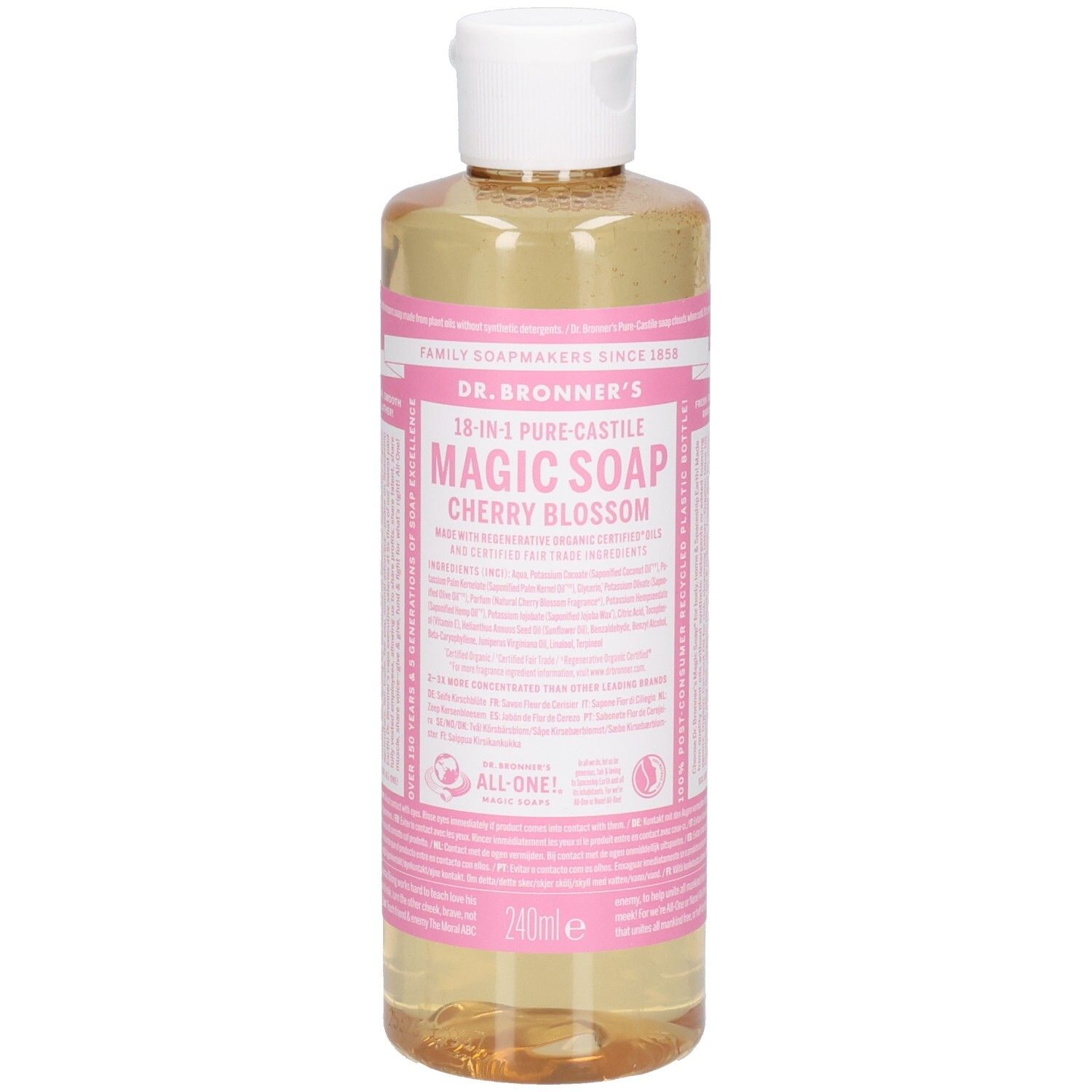 Flüssigseife in Plastikflasche mit weißem Deckel. Rosa Etikett mit Produktnamen und Inhaltsangaben.