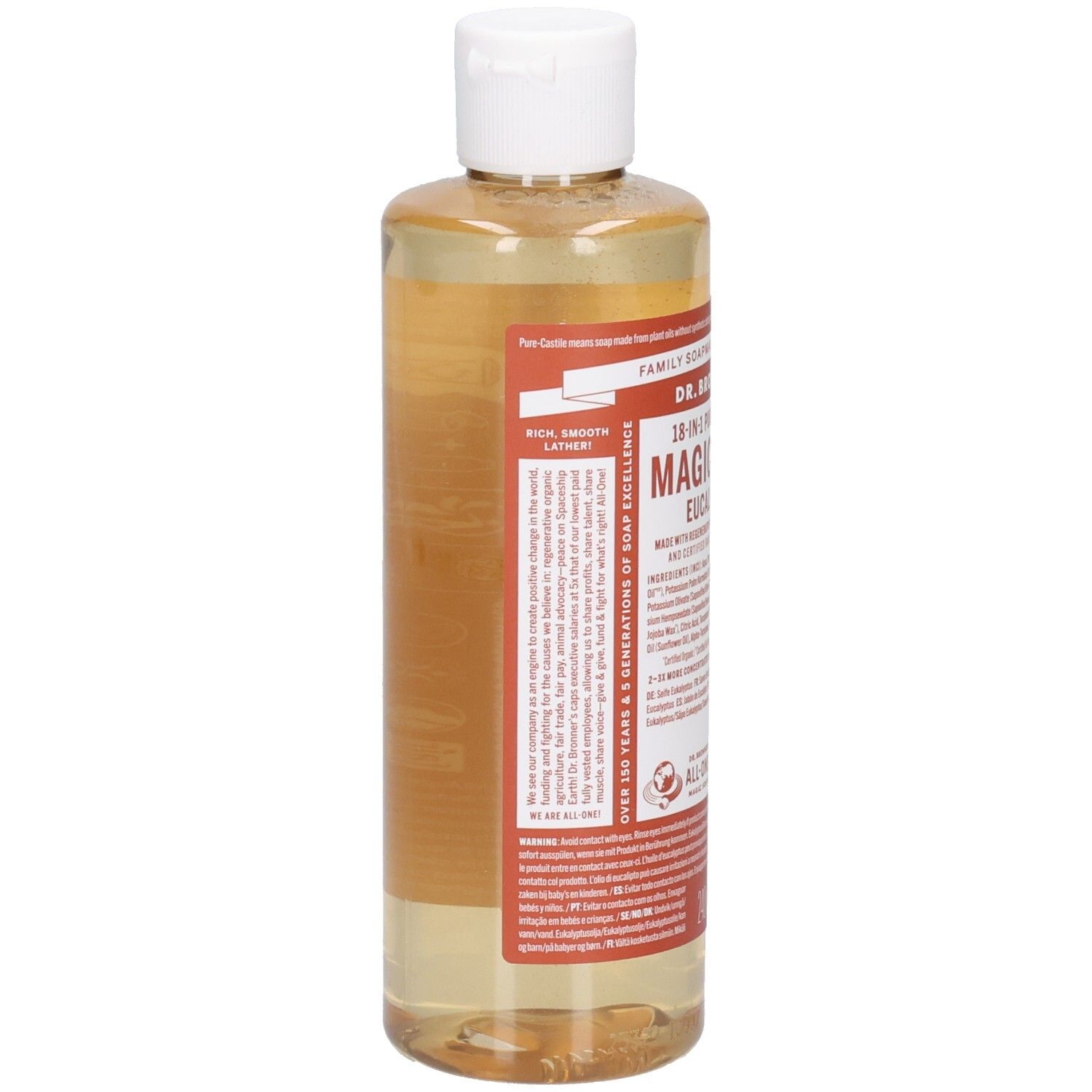 Flüssigseife in einer transparenten Flasche mit weißem Deckel. Etikett mit Produktbezeichnung und Inhaltsstoffen. Rückansicht.