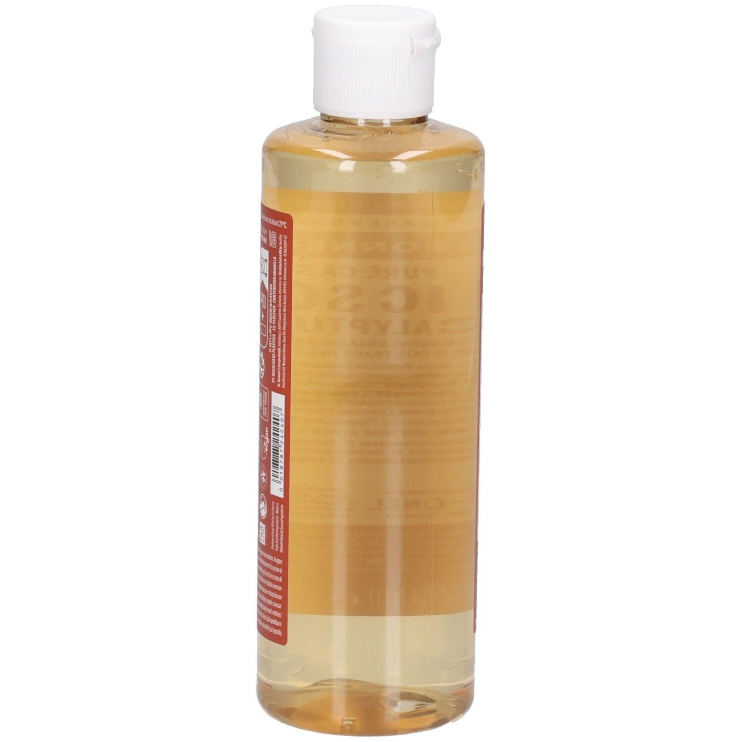 Flüssigseife in einer transparenten Flasche mit weißem Deckel. Seitenansicht des Etiketts mit Produktinformationen.