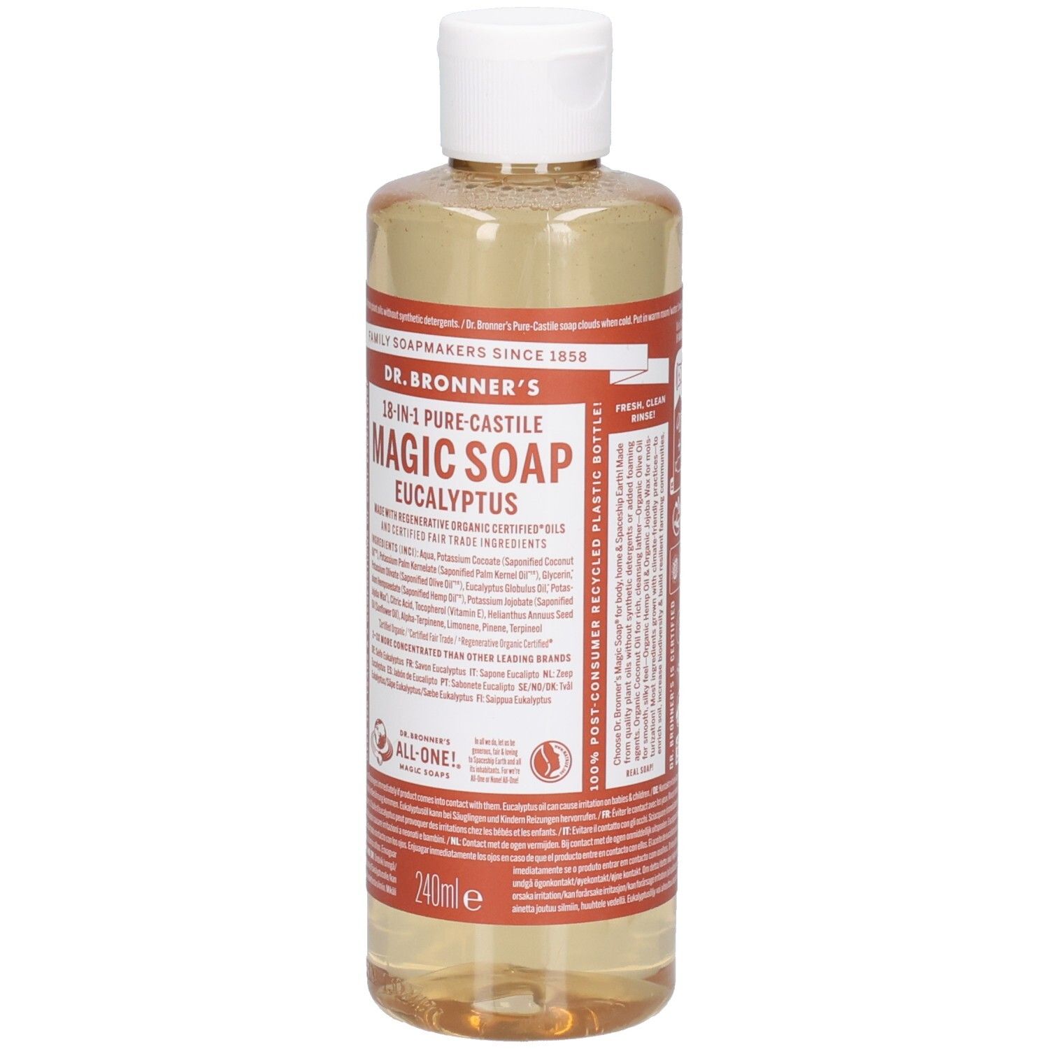 Flüssigseife in einer transparenten Flasche mit weißem Deckel. Etikett mit Produktbezeichnung und Inhaltsstoffen. 240ml.