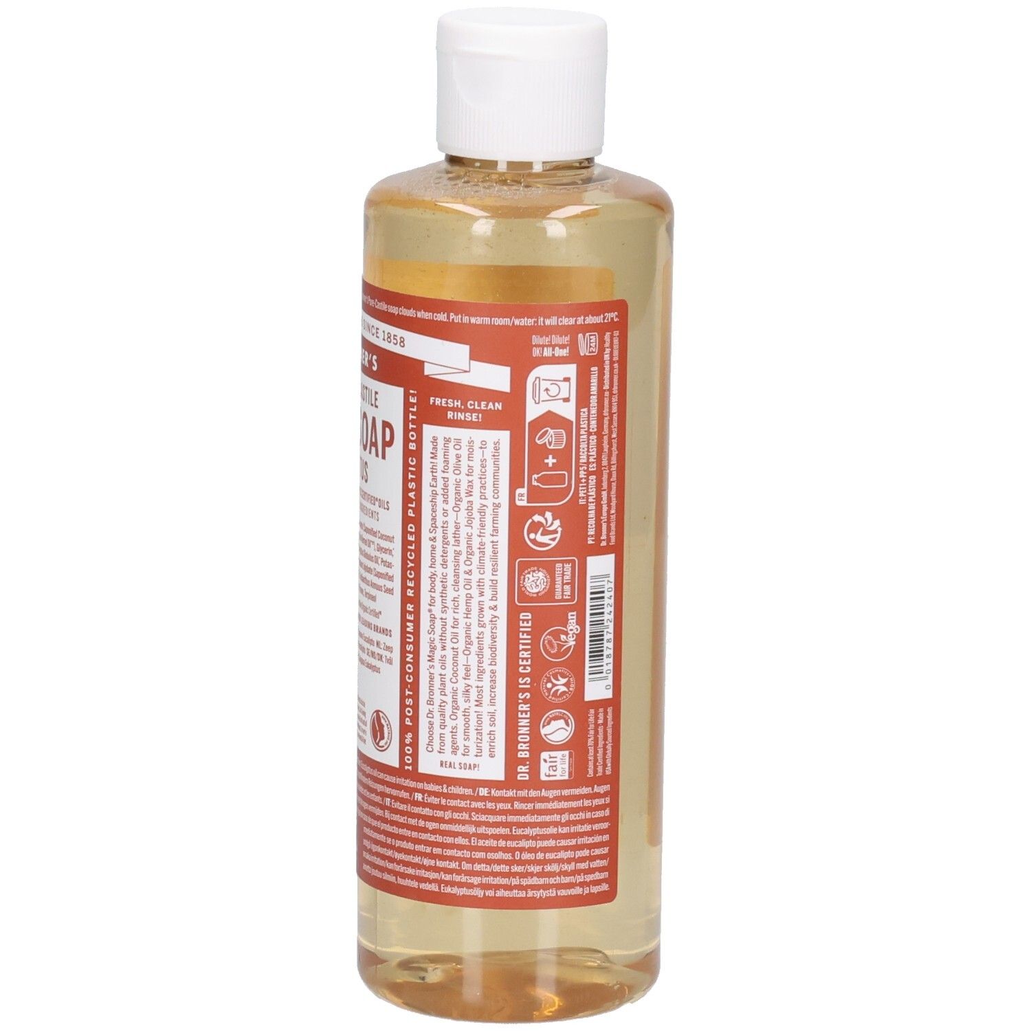 Flüssigseife in einer transparenten Flasche mit weißem Deckel. Etikett mit Produktbezeichnung und Inhaltsstoffen. Rückansicht.