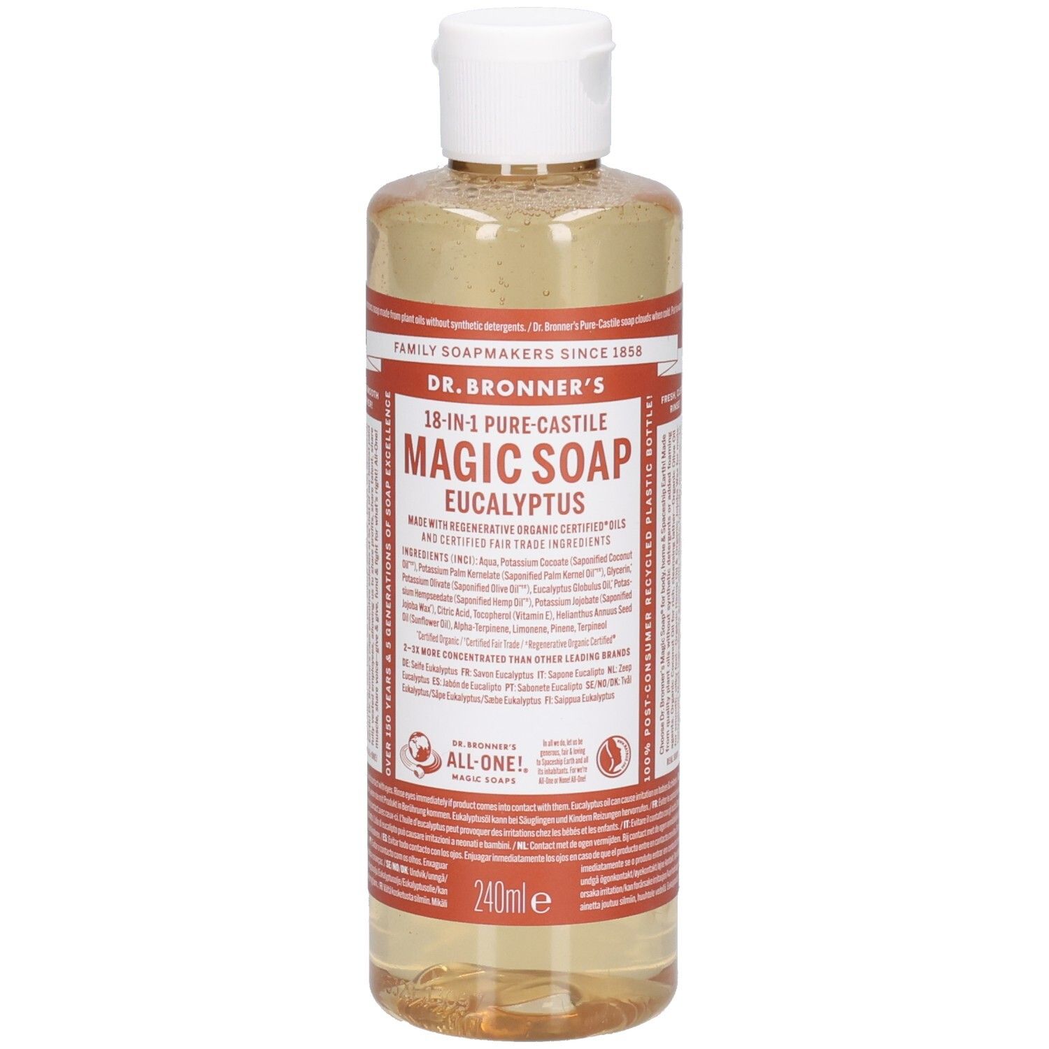 Flüssigseife in einer transparenten Flasche mit weißem Deckel. Etikett mit Produktbezeichnung und Inhaltsstoffen. 240ml.