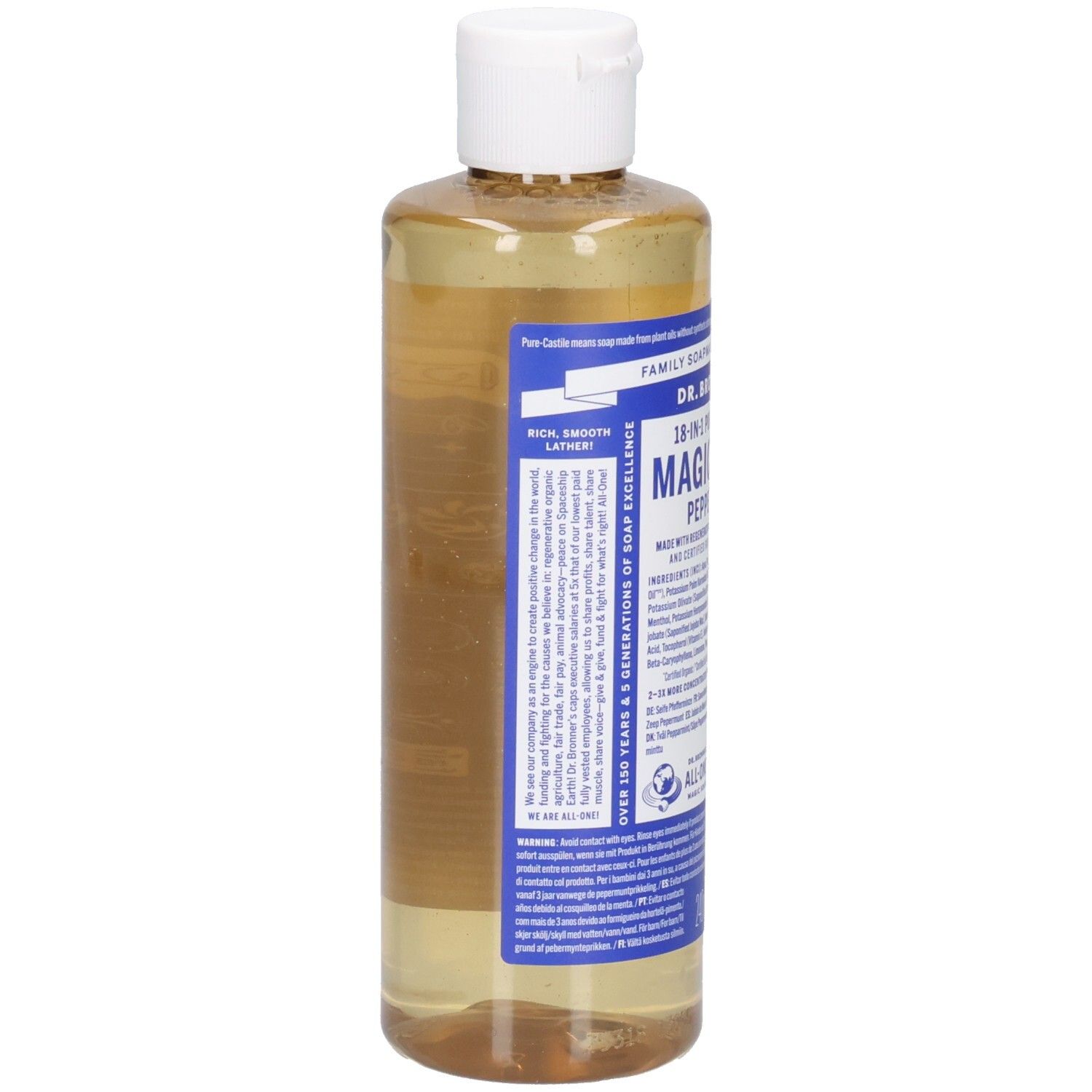 Rückansicht der Dr. Bronner's Peppermint Magic Soap Flasche. Blaue Etiketten mit Text auf transparentem Hintergrund.