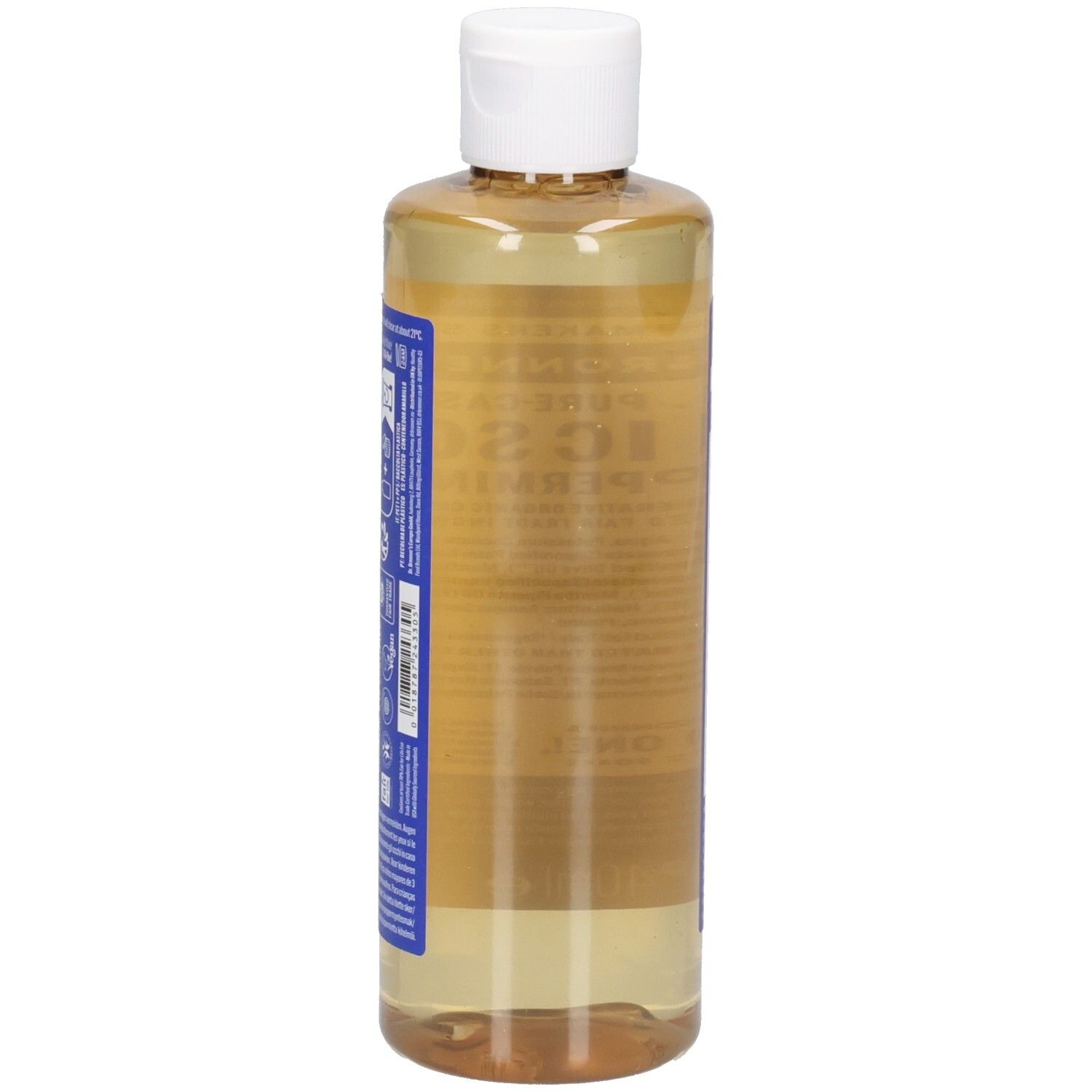 Seitenansicht der Dr. Bronner's Peppermint Magic Soap Flasche. Blaue Etiketten mit Text auf transparentem Hintergrund.