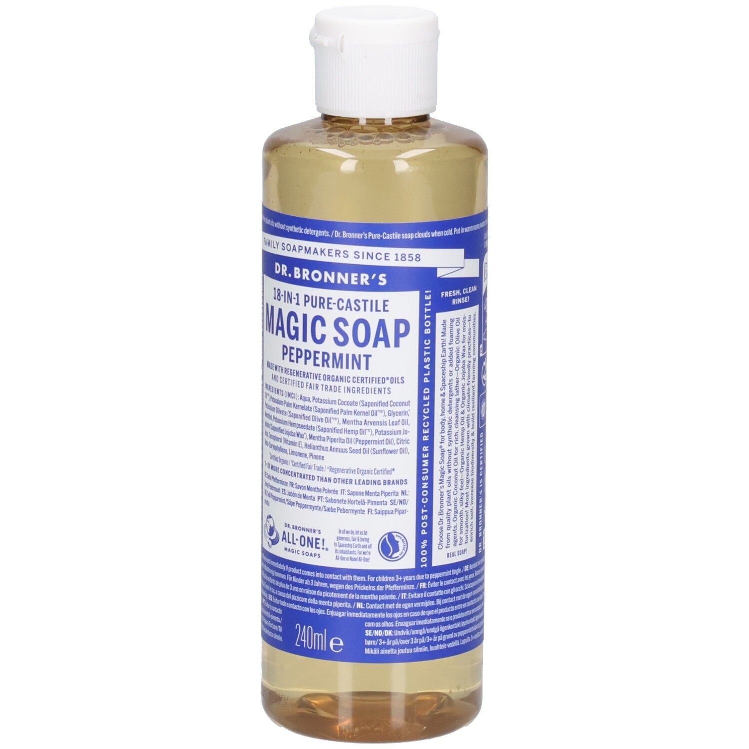 Dr. Bronner's Peppermint Magic Soap Flasche, transparente Flüssigkeit mit weißem Deckel. Blaue Etiketten.