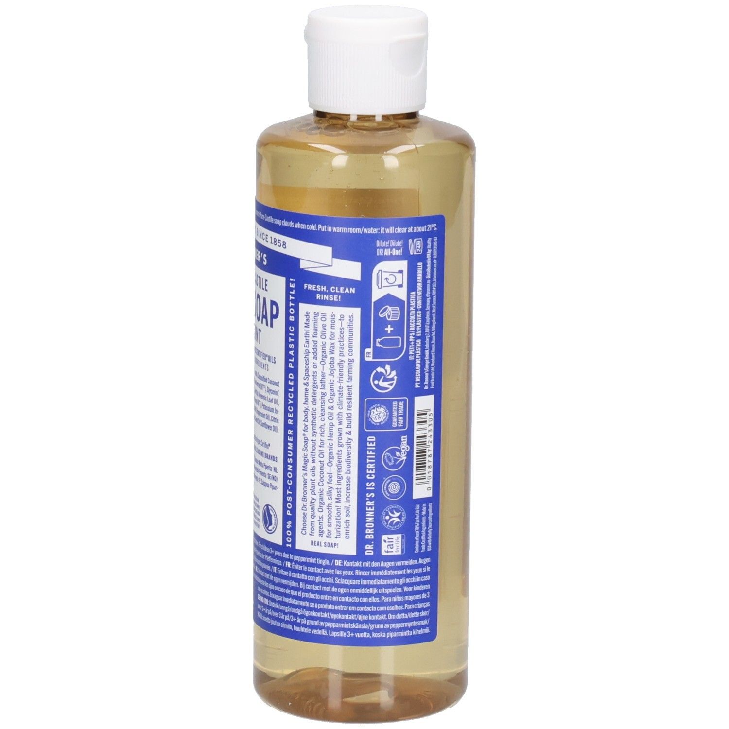 Rückansicht der Dr. Bronner's Peppermint Magic Soap Flasche. Blaue Etiketten mit Text und Logos.