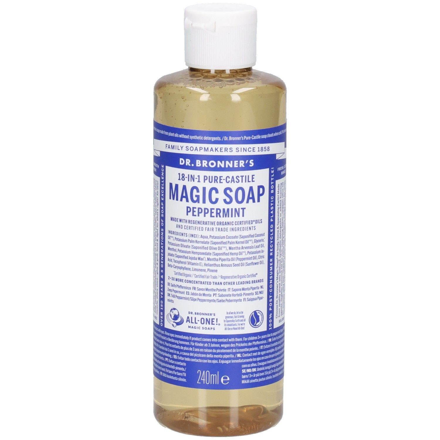 Dr. Bronner's Peppermint Magic Soap Flasche, transparente Flüssigkeit, weißer Deckel. Blaue Etiketten.
