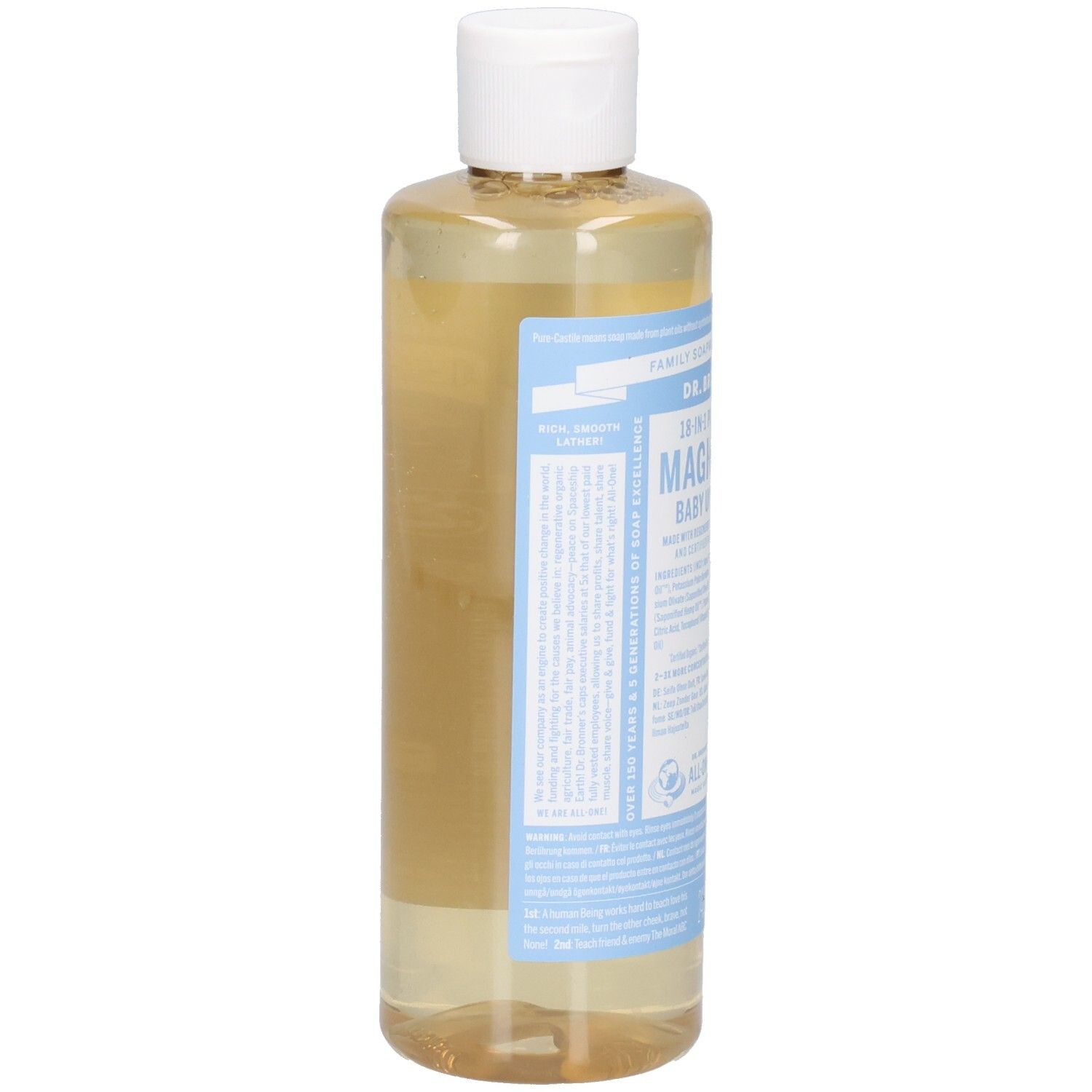 Flasche mit Flüssigseife. Seitenansicht. Aufschrift: Dr. Bronner's 18-in-1 Pure-Castile Magic Soap Baby Unscented. Weißer Deckel, blaue Etiketten.
