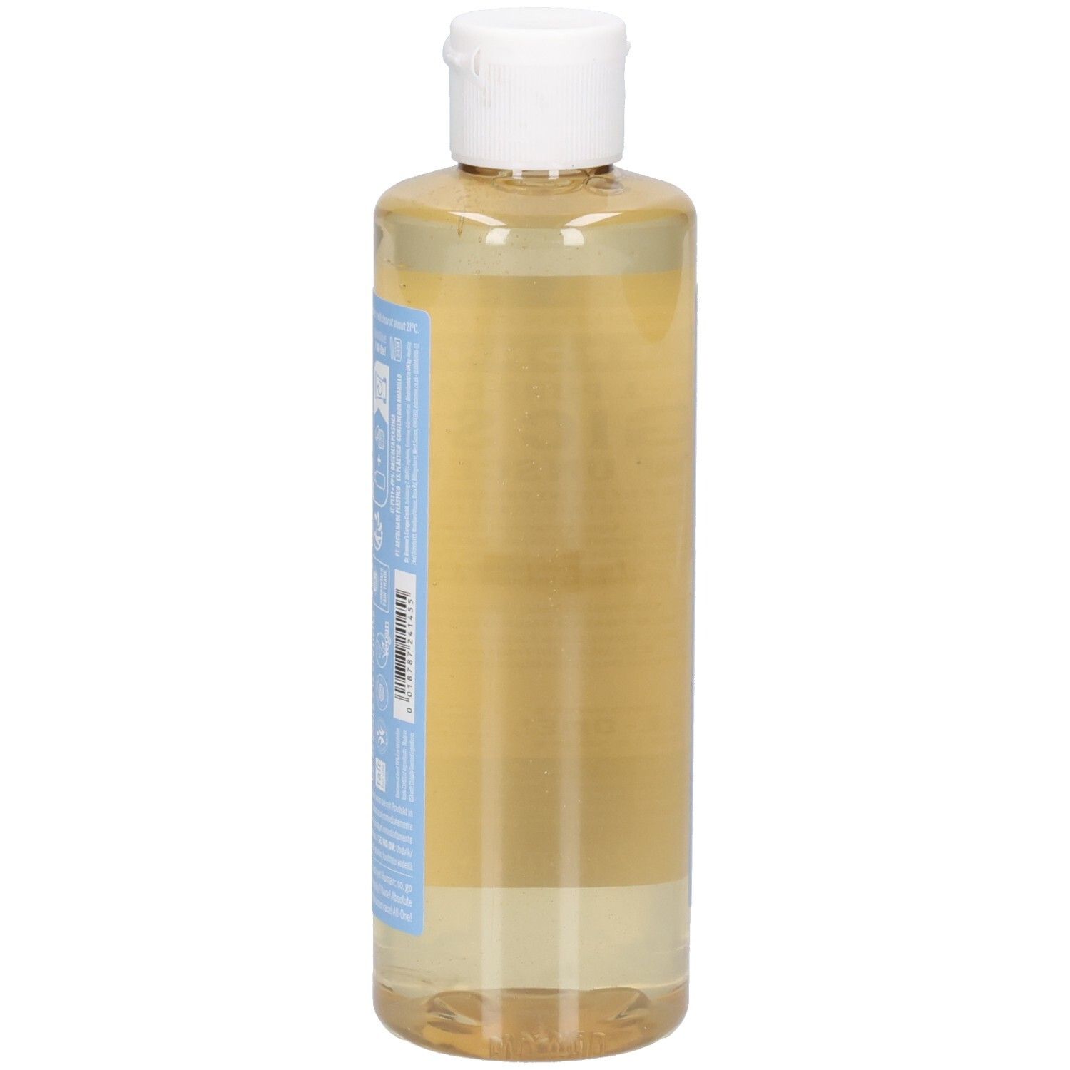 Flasche mit Flüssigseife. Seitenansicht. Aufschrift: Dr. Bronner's 18-in-1 Pure-Castile Magic Soap Baby Unscented. Weißer Deckel, blaue Etiketten.