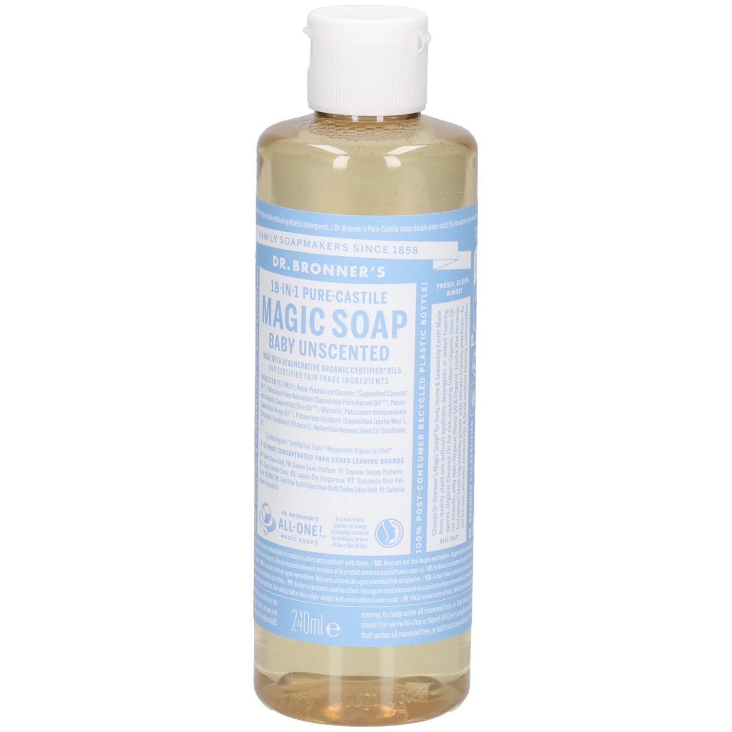 Flasche mit Flüssigseife. Aufschrift: Dr. Bronner's 18-in-1 Pure-Castile Magic Soap Baby Unscented. Weißer Deckel, blaue Etiketten.