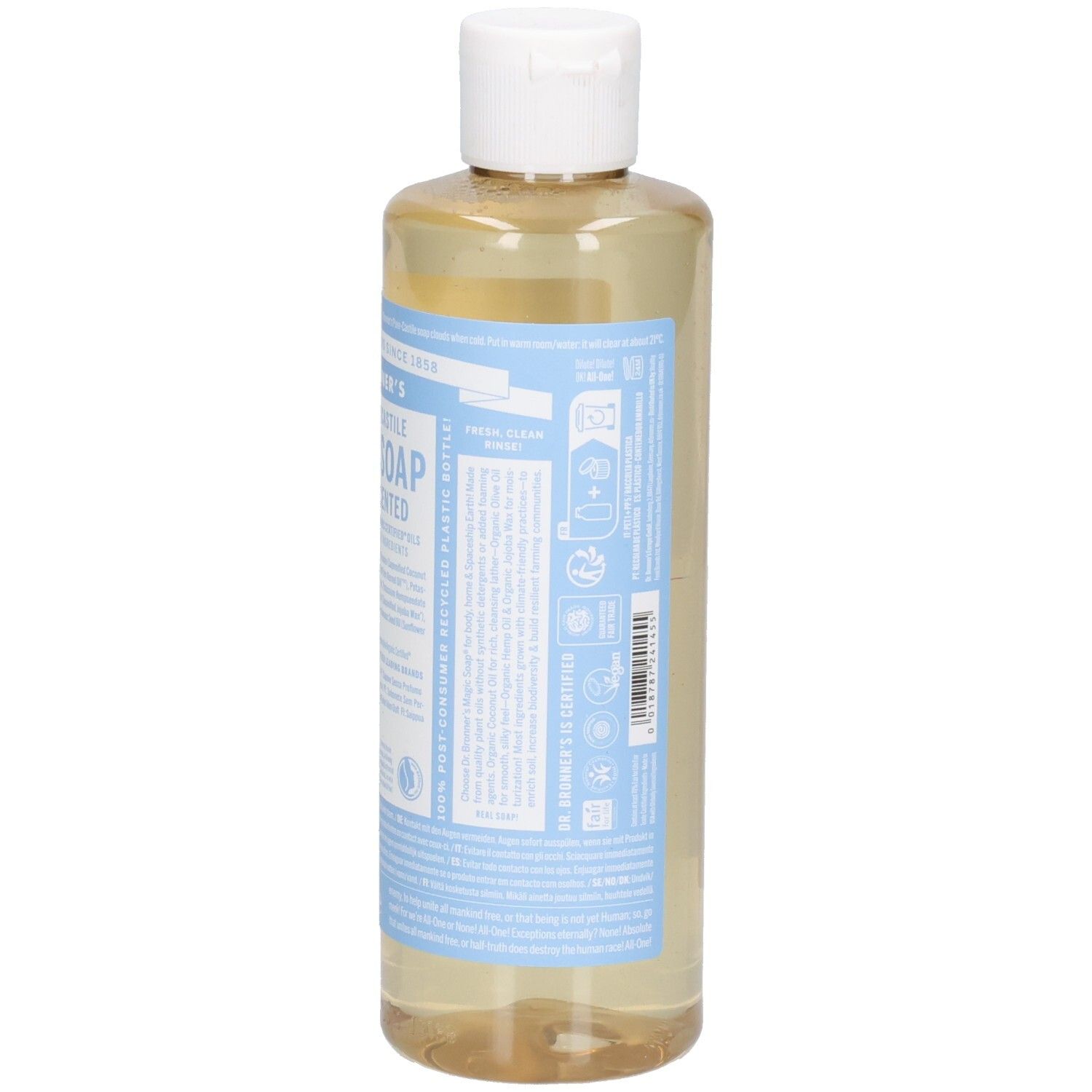 Flasche mit Flüssigseife. Seitenansicht. Aufschrift: Dr. Bronner's 18-in-1 Pure-Castile Magic Soap Baby Unscented. Weißer Deckel, blaue Etiketten.