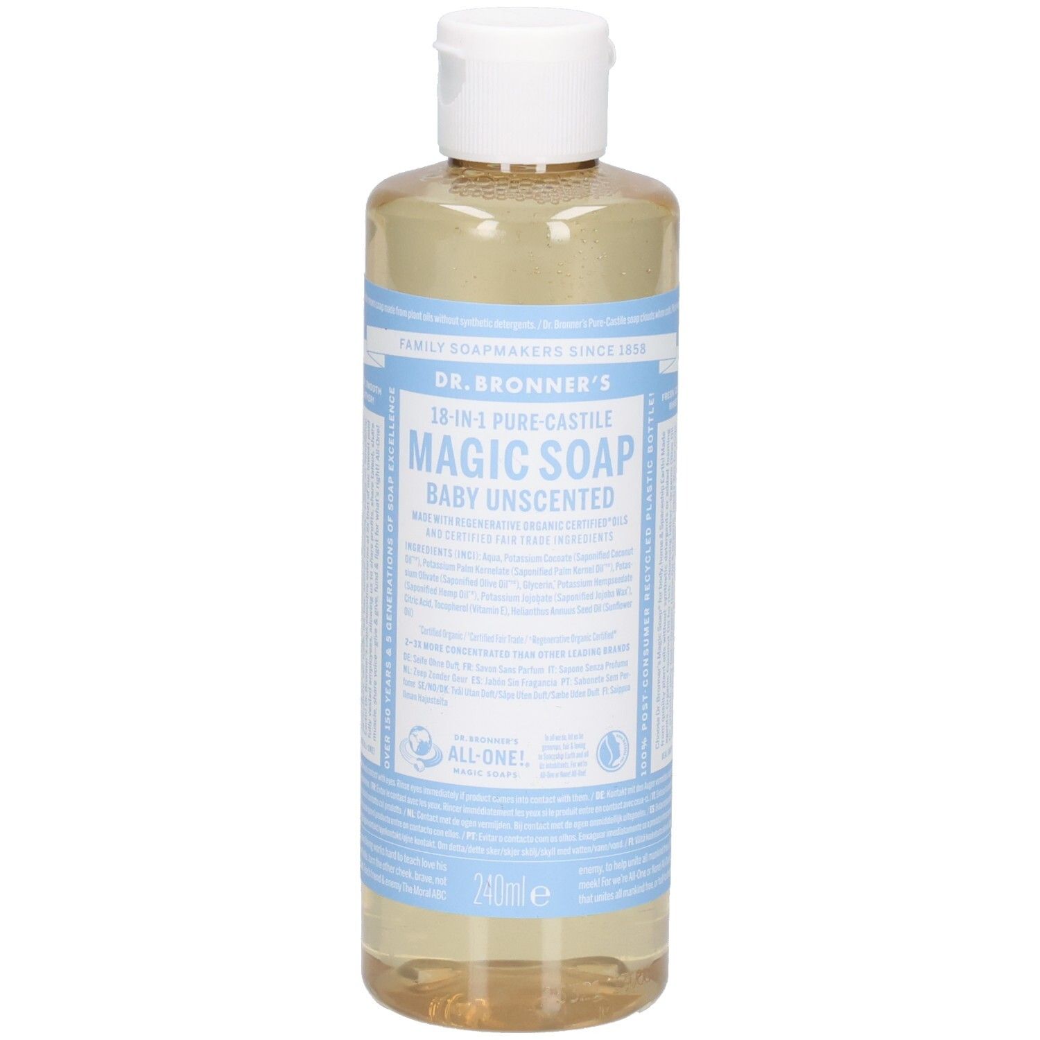 Flasche mit Flüssigseife. Aufschrift: Dr. Bronner's 18-in-1 Pure-Castile Magic Soap Baby Unscented. Weißer Deckel, blaue Etiketten.