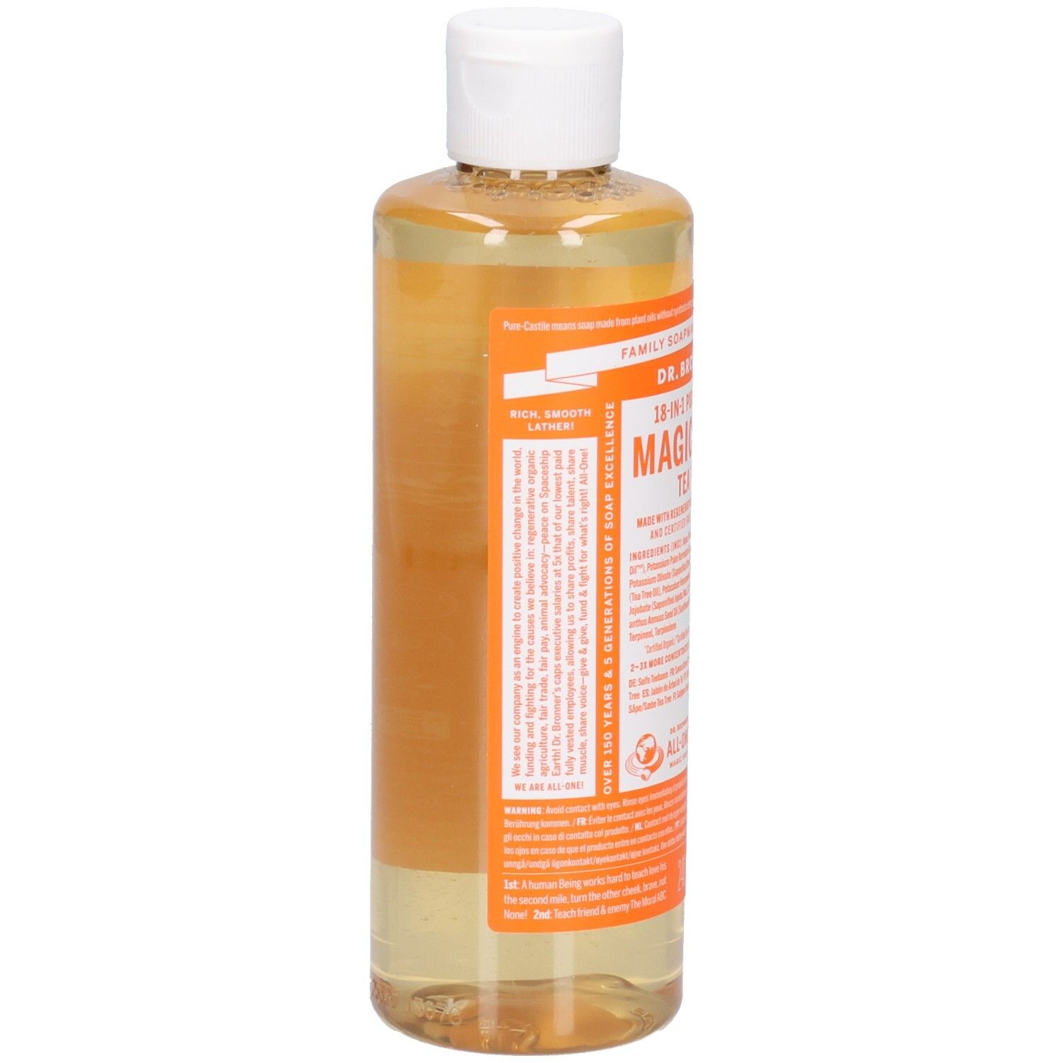 Rückansicht der Flasche mit Flüssigseife. Orangefarbenes Etikett mit Text. Weißer Deckel. Klarer Inhalt.