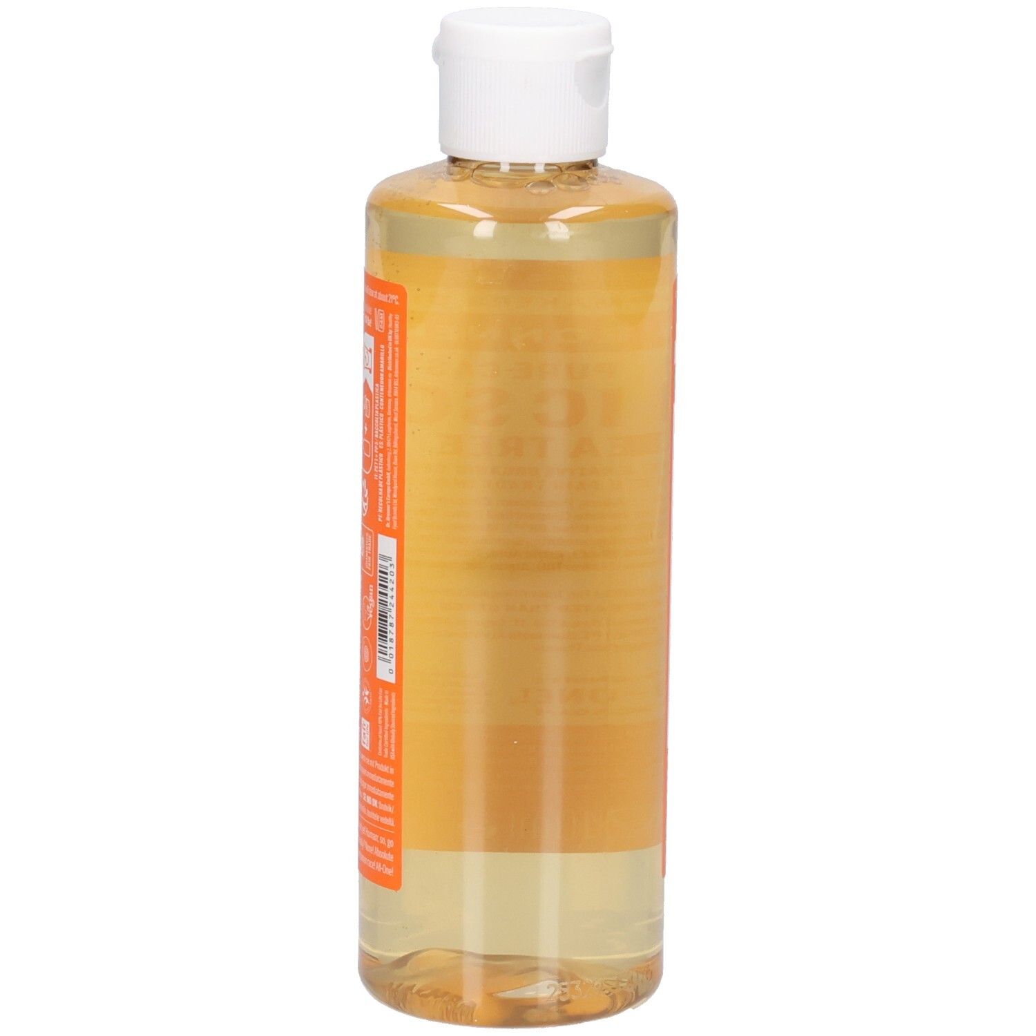 Rückansicht der Flasche mit Flüssigseife. Orangefarbenes Etikett mit Text. Weißer Deckel. Klarer Inhalt.