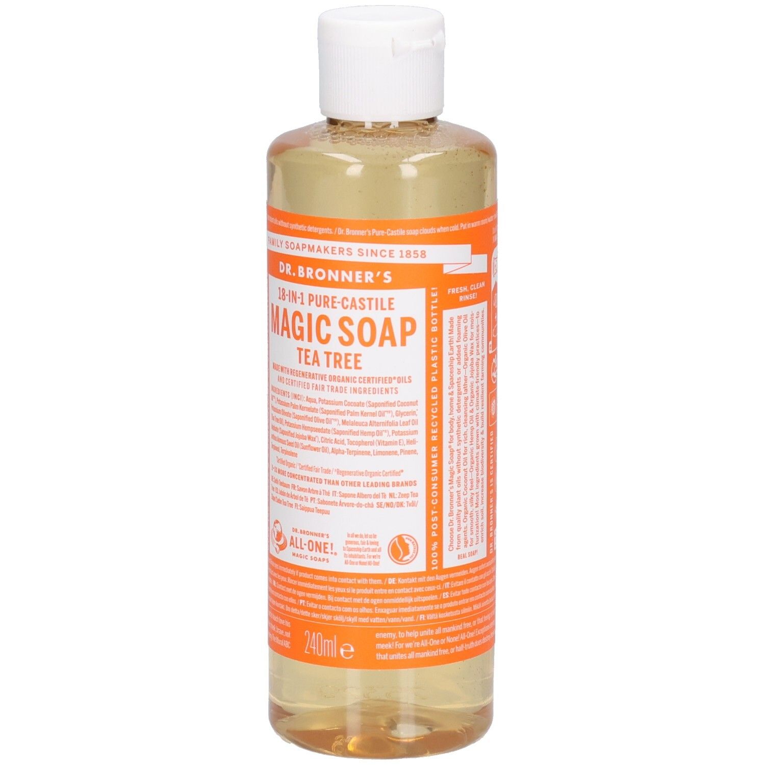 Klare Flüssigseife in einer Flasche mit weißem Deckel. Aufschrift: Dr. Bronner's 18-in-1 Pure-Castile Magic Soap Tea Tree.