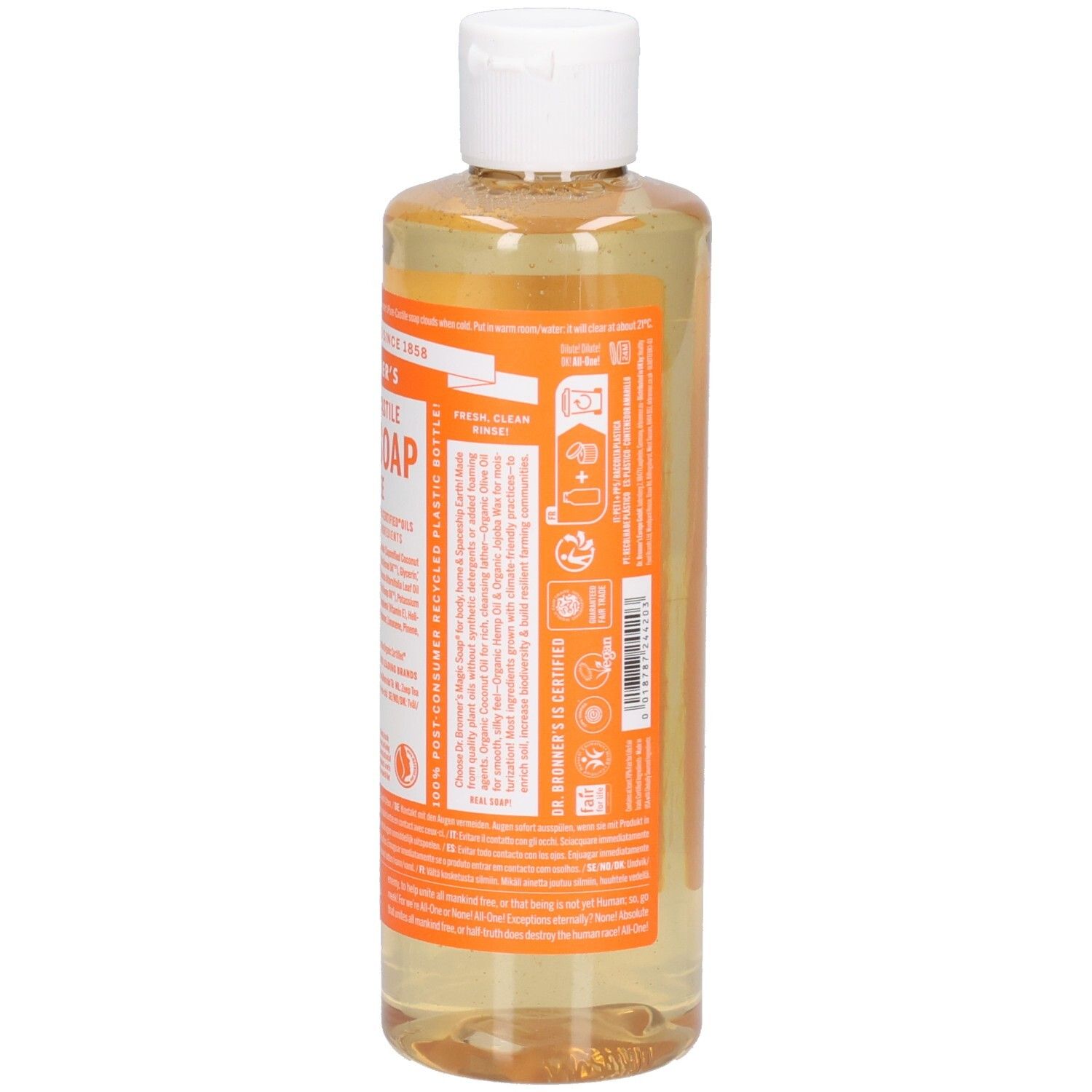 Rückansicht der Flasche mit Flüssigseife. Orangefarbenes Etikett mit Text. Weißer Deckel. Klarer Inhalt.