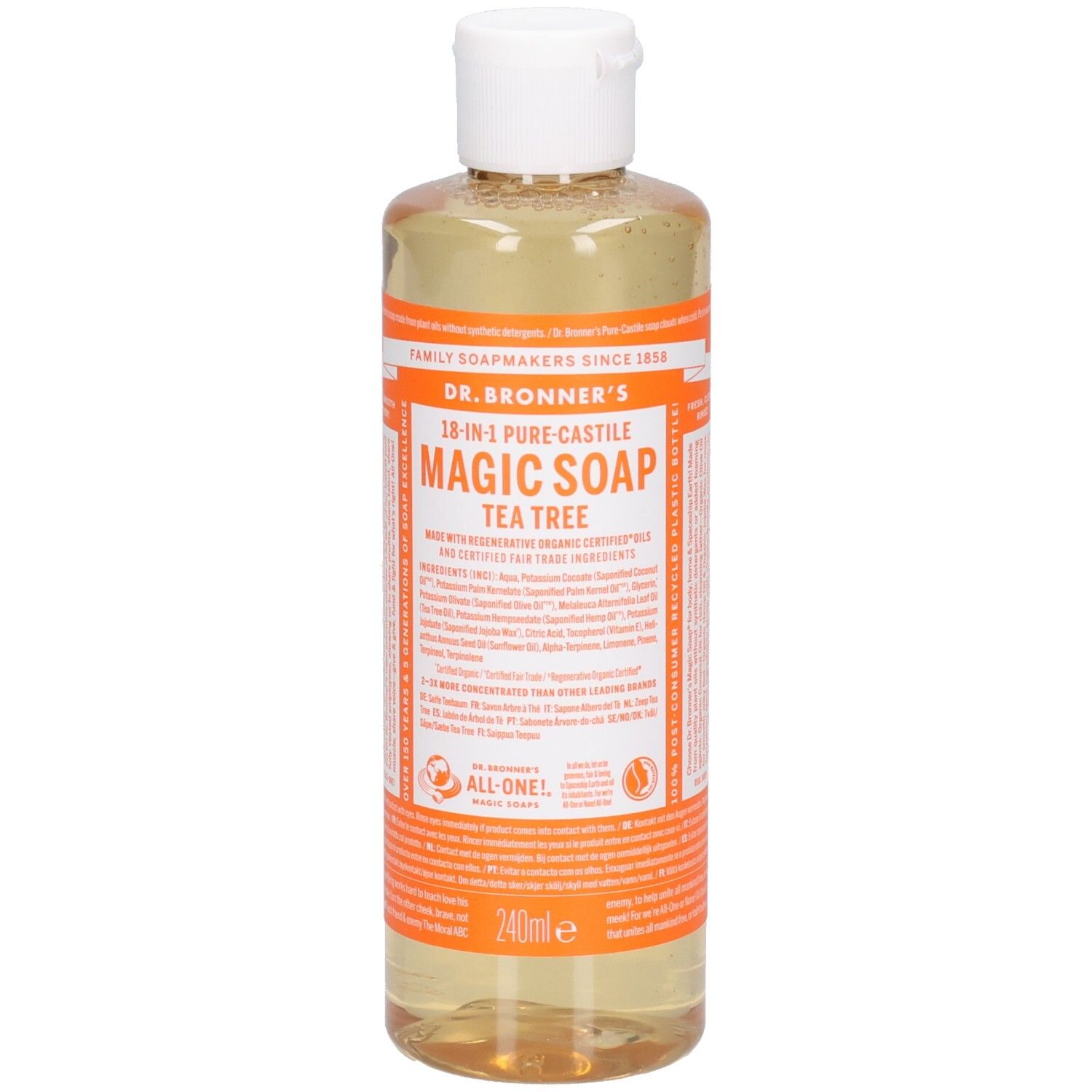 Klare Flüssigseife in einer Flasche mit weißem Deckel. Aufschrift: Dr. Bronner's 18-in-1 Pure-Castile Magic Soap Tea Tree.