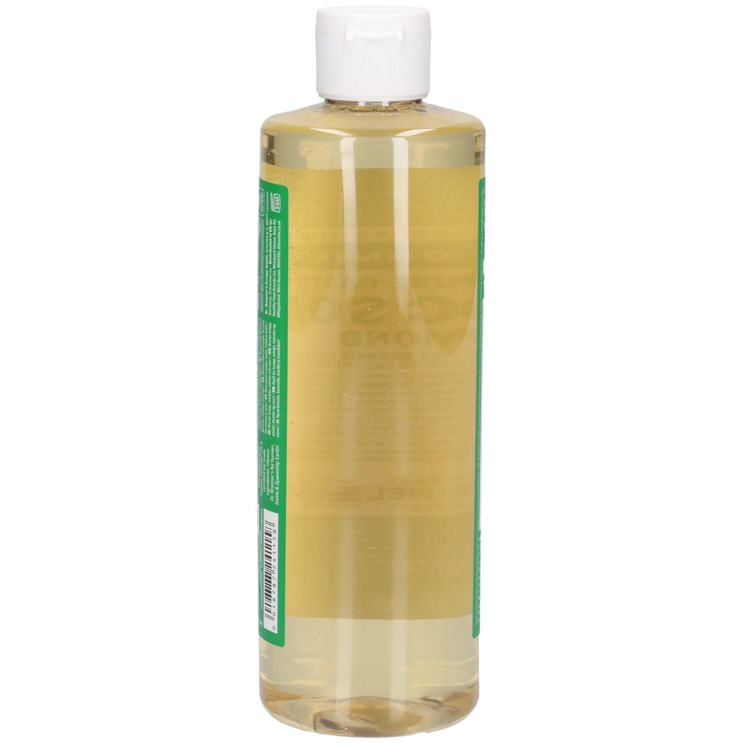 Dr. Bronner's Mandel Magic Soap. Flasche mit weißem Deckel. Grüne und weiße Etiketten mit Produktinformationen. Seitenansicht.
