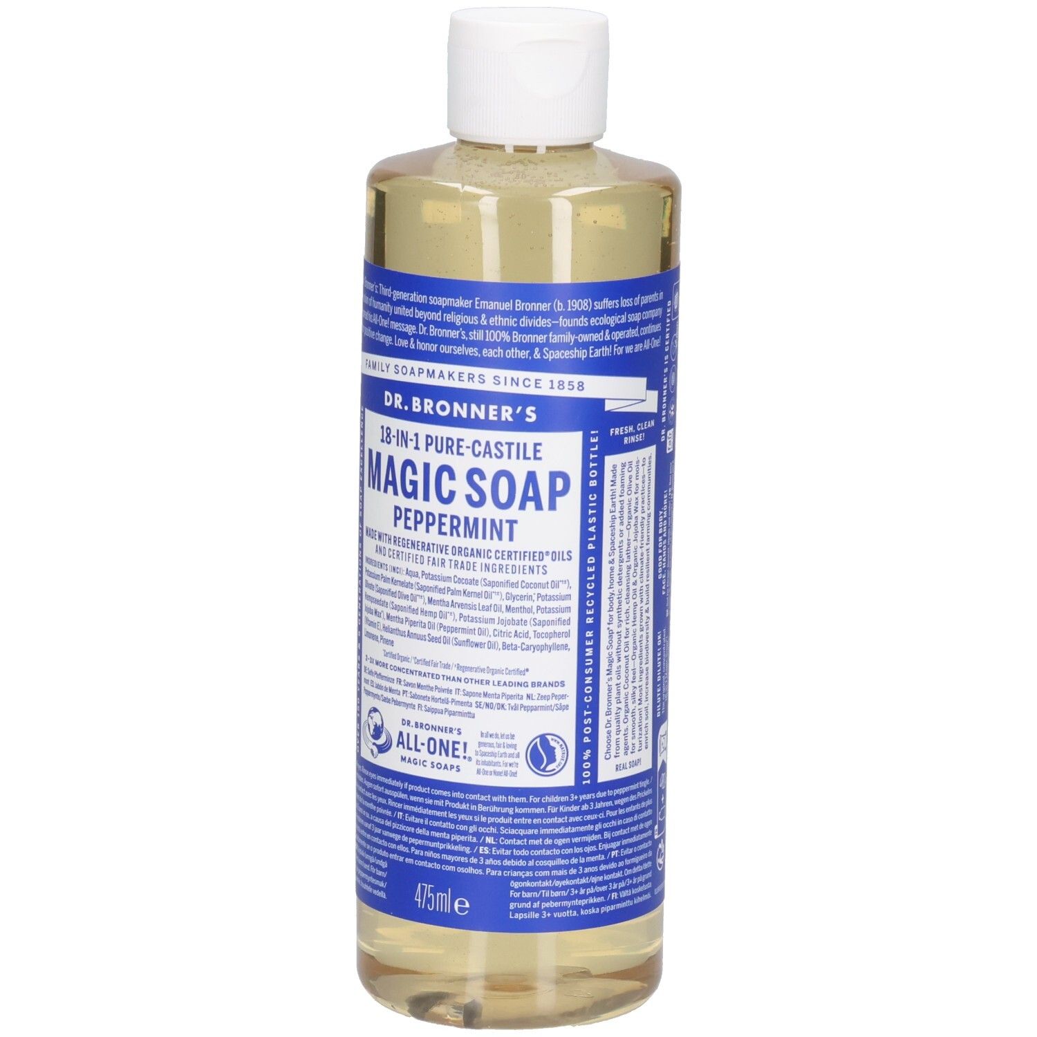 Flasche Dr. Bronner's Peppermint Magic Soap. Weißer Deckel, blaue Etiketten. Text und Logos. 475ml. Recycelte Plastikflasche.