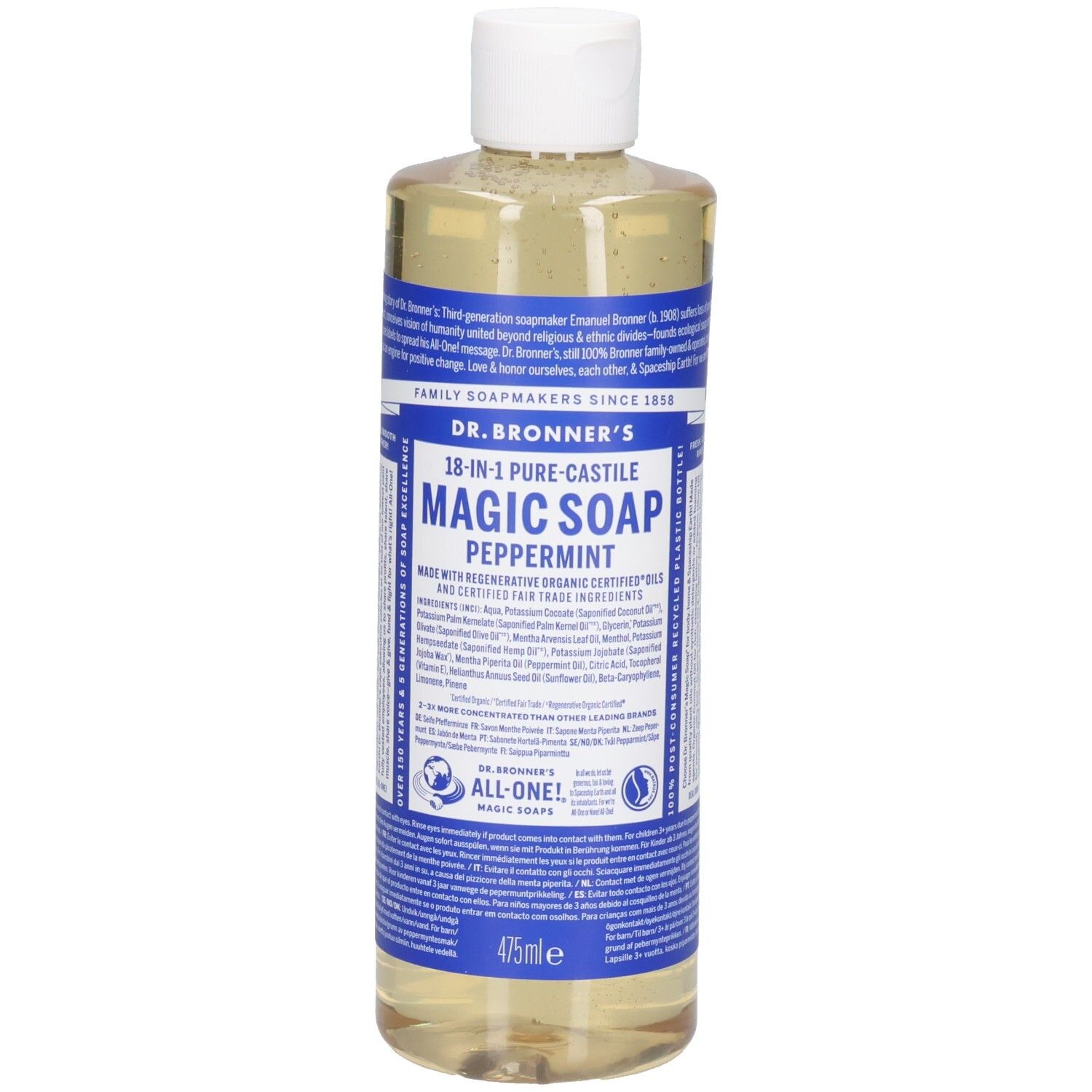 Flasche Dr. Bronner's Peppermint Magic Soap. Weißer Deckel, blaue Etiketten. Text und Logos. 475ml.