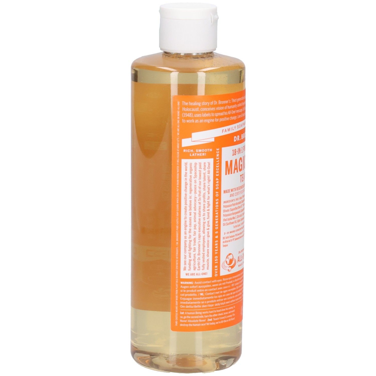 Rückansicht der Flasche Dr. Bronner's Magic Soap. Orangefarbenes Etikett mit Text. Weißer Deckel. Klare Flüssigkeit.