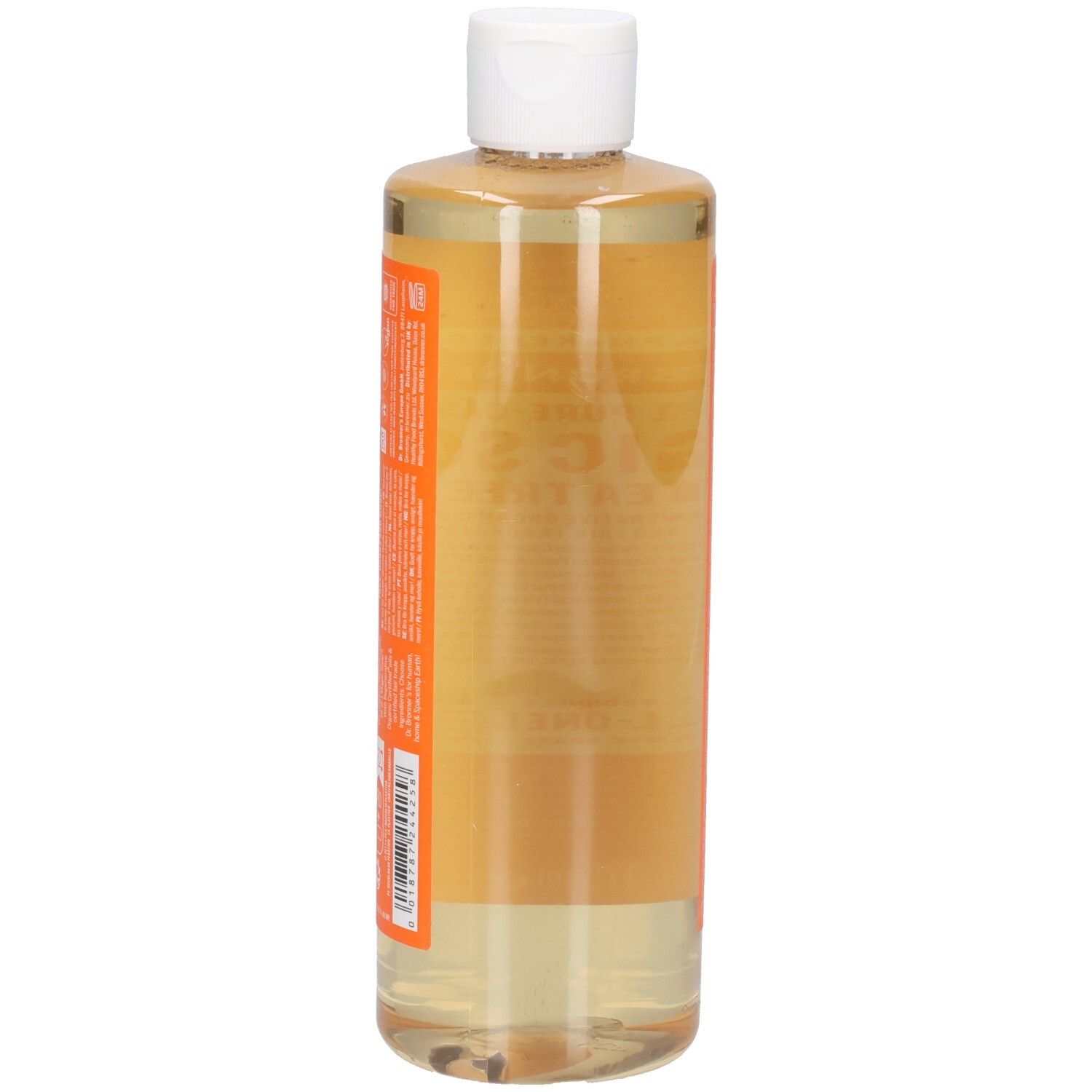 Seitenansicht der Flasche Dr. Bronner's Magic Soap. Orangefarbenes Etikett mit Text. Weißer Deckel. Klare Flüssigkeit. Barcode.