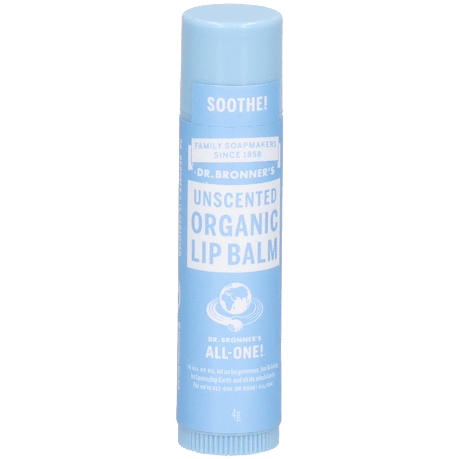 Hellblauer Lippenbalsam-Stick. Aufschrift: SOOTHE!, DR. BRONNER'S UNSCENTED ORGANIC LIP BALM, ALL-ONE!. 4g.