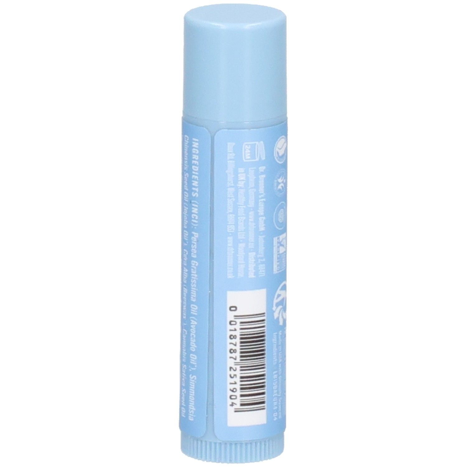 Hellblauer Lippenbalsam-Stick. Rückseite mit Text und Barcode. Zutatenliste.