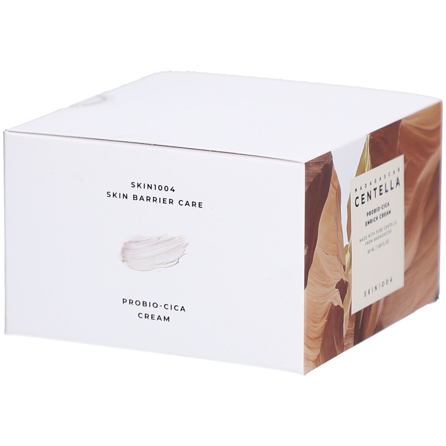 Weißer Karton mit Produktinformationen. Text: SKIN1004, SKIN BARRIER CARE, PROBIO-CICA CREAM.